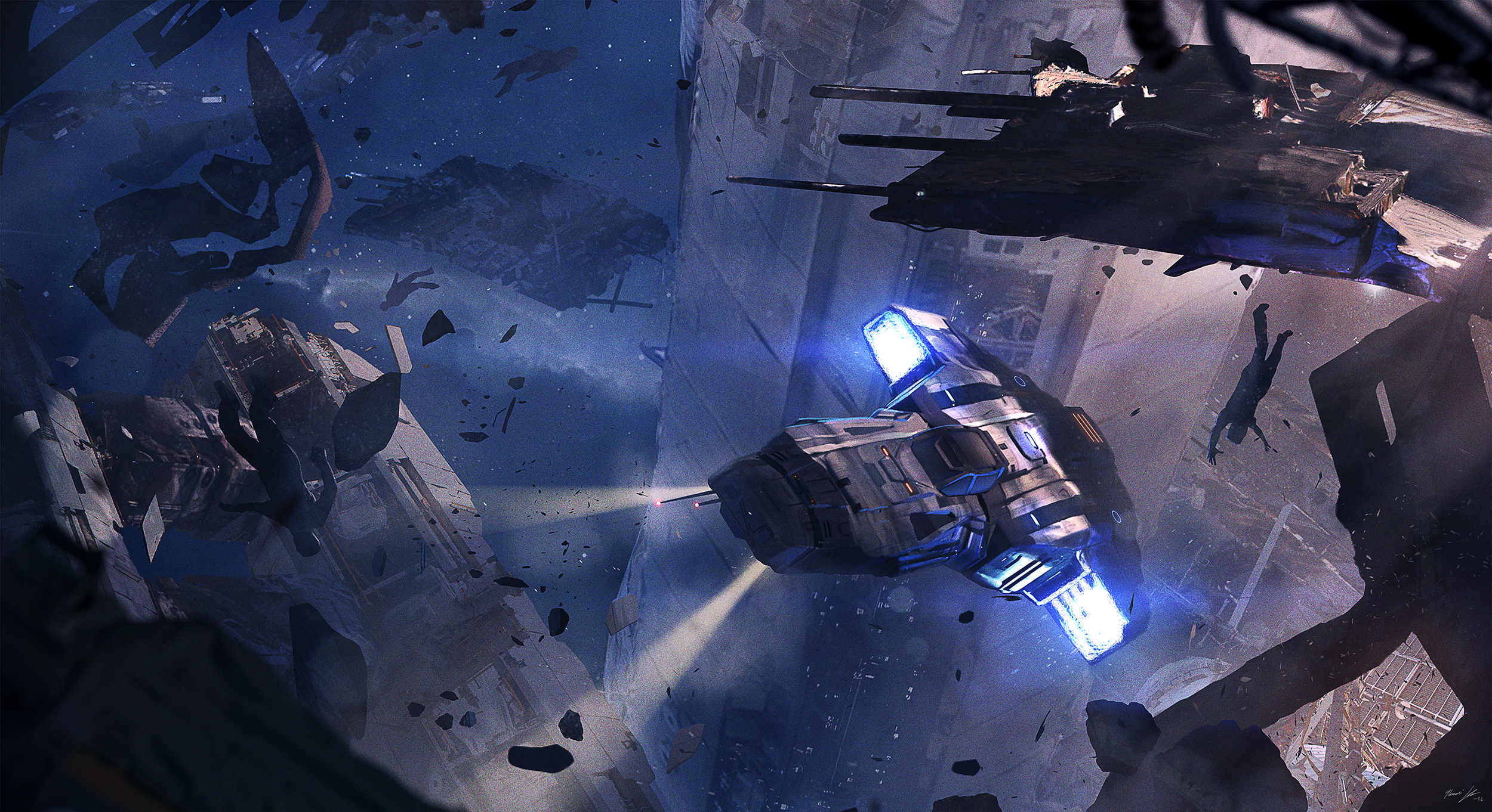 Spaceships in a destroyed space station HD Wallpaper