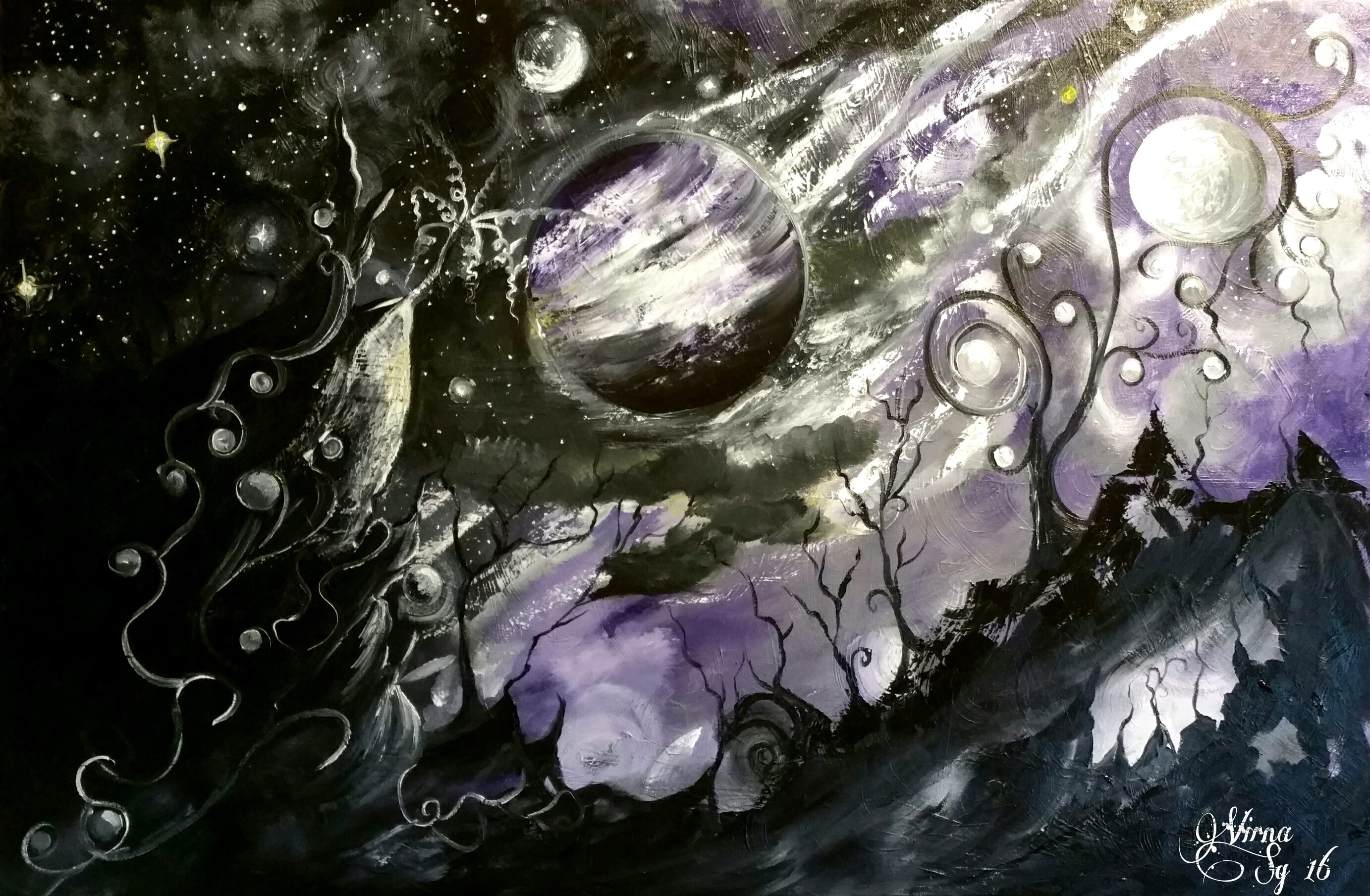 Fantasy night sky with planets and trees HD Wallpaper