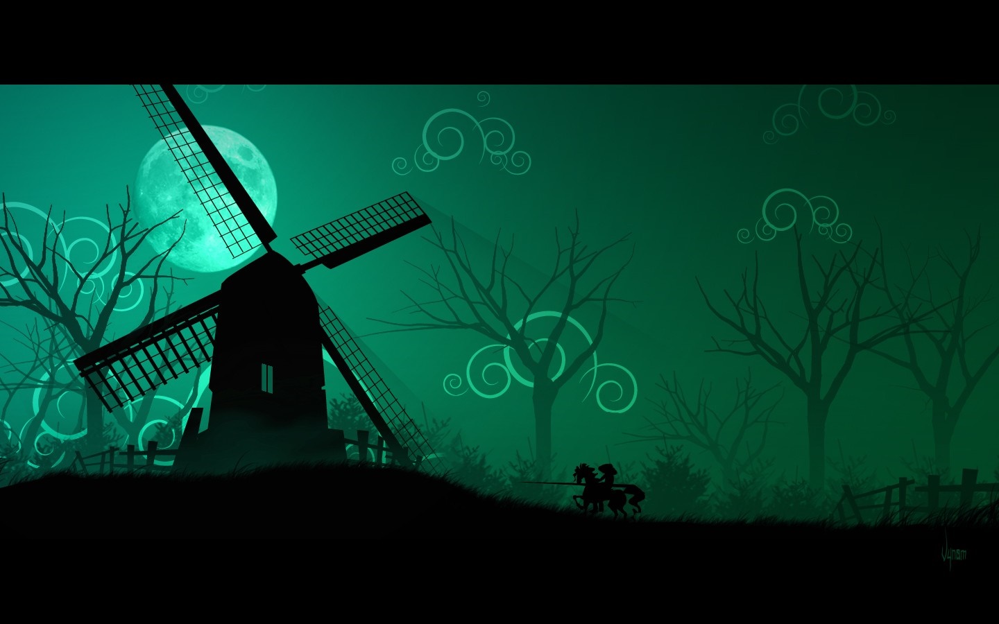 Don Quijote on horseback in front of a windmill at night HD Wallpaper