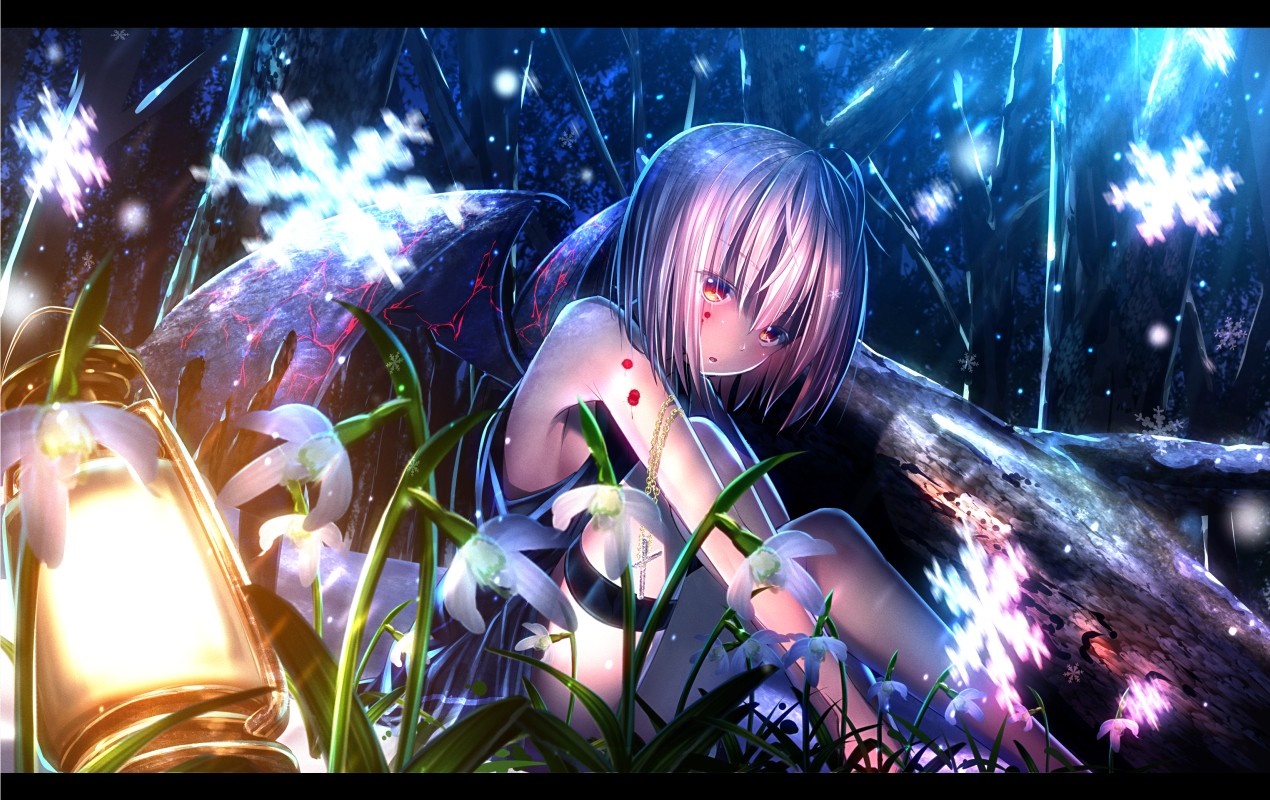 Anime girl with wings in a snowy forest HD Wallpaper