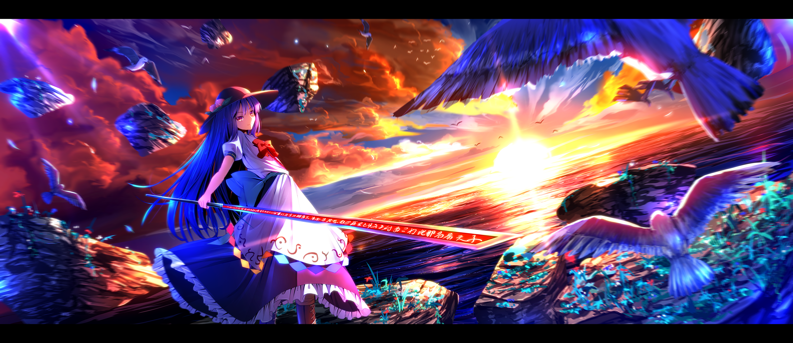 Tenshi Hinanawi from Touhou with sword and birds HD Wallpaper