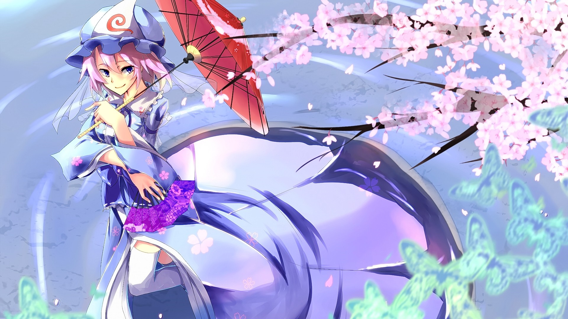 Saigyouji Yuyuko from Touhou with umbrella and cherry blossoms HD Wallpaper