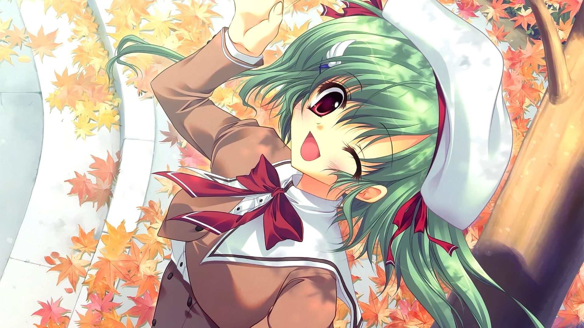 Anime girl with green hair and red eyes wearing a hat HD Wallpaper