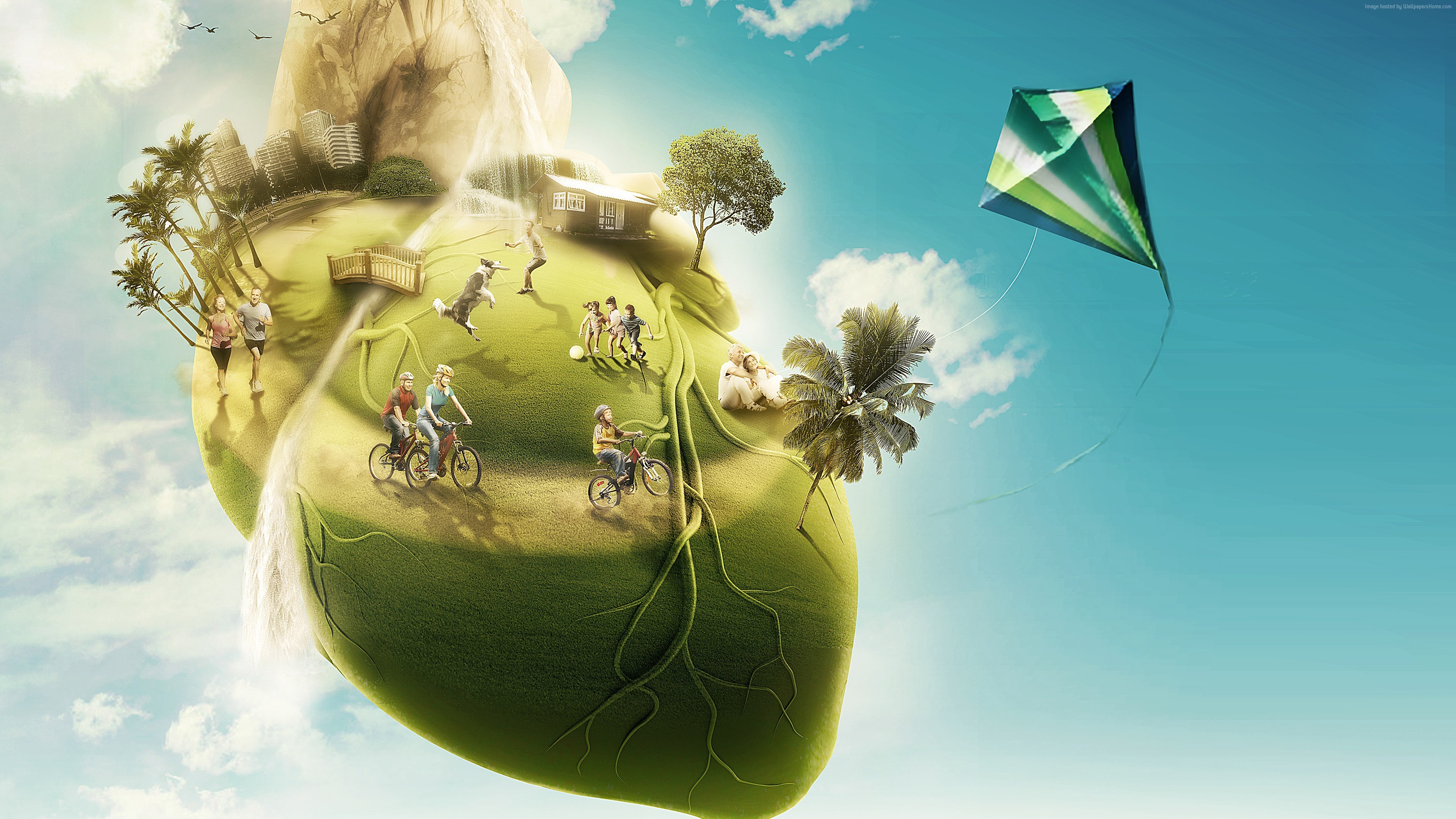 Heart shaped island with people and a kite 4K HD Wallpaper