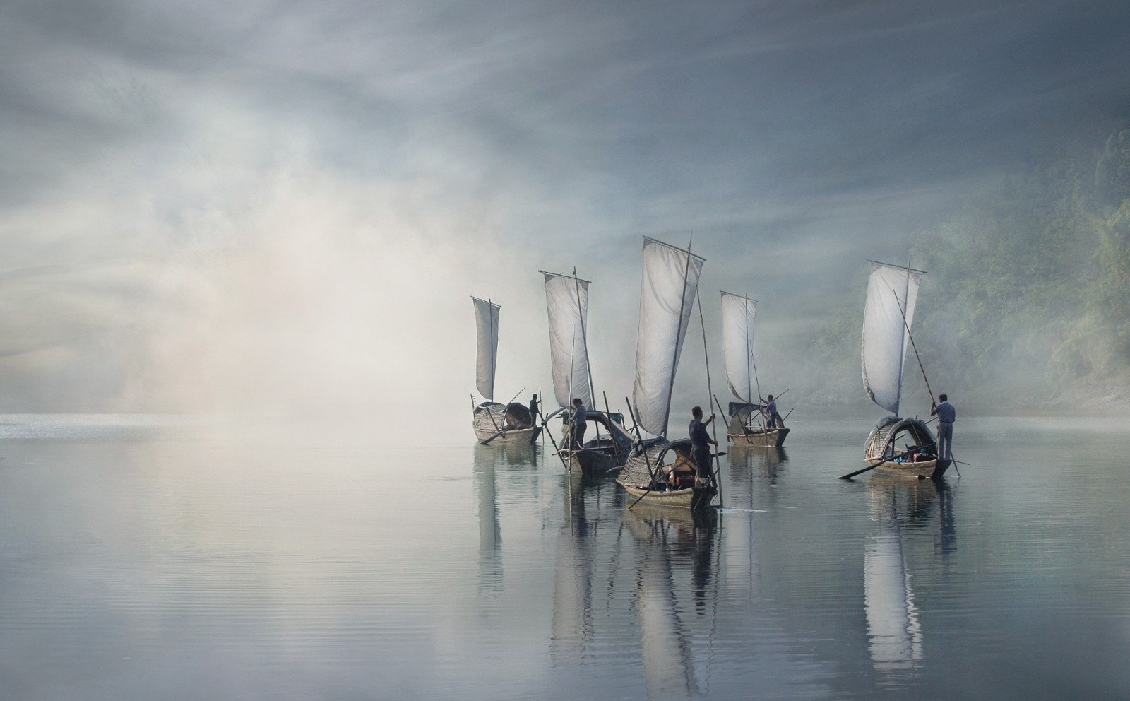 Boats with sails on a misty river HD Wallpaper