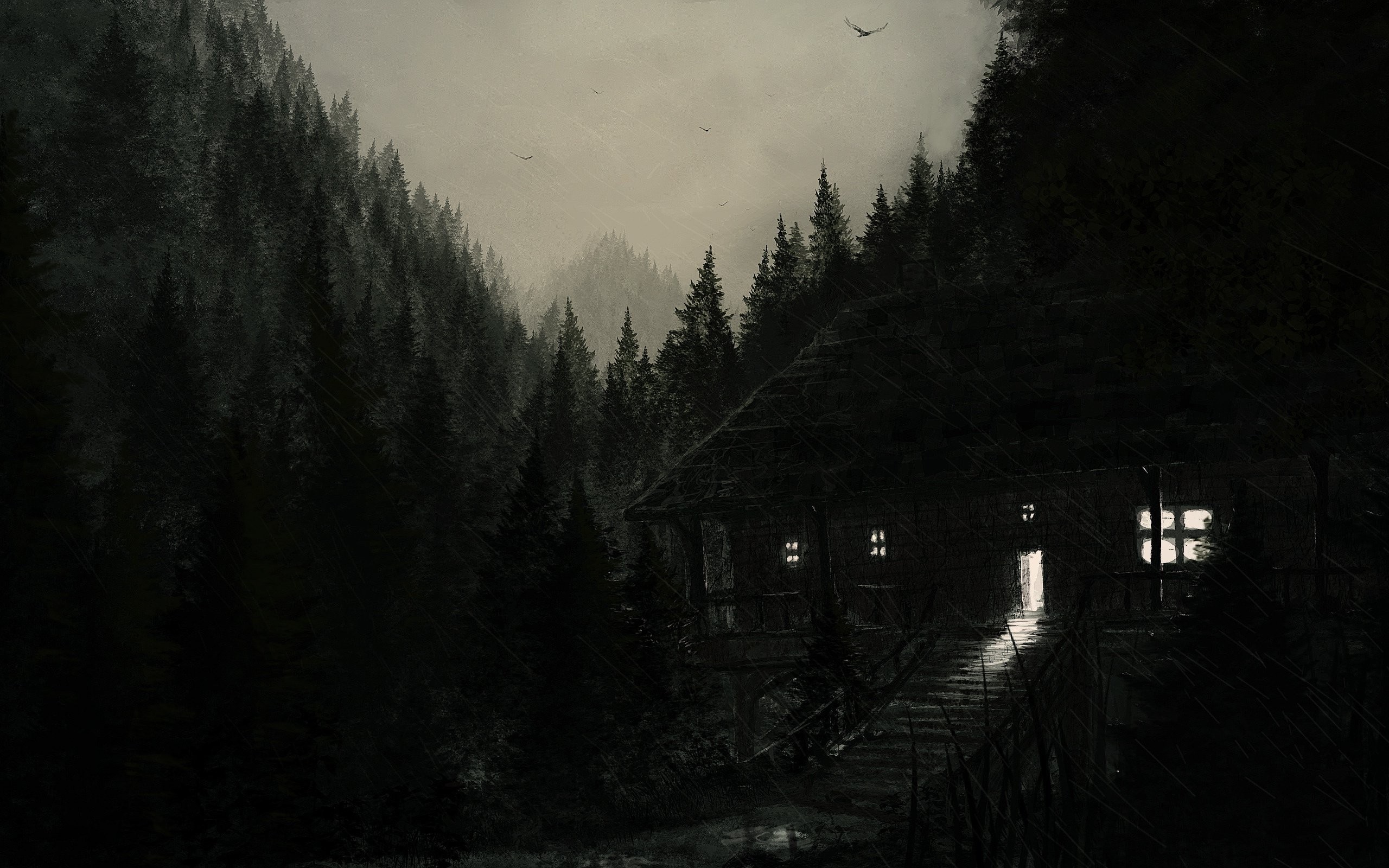 Dark cabin in a misty forest at dusk HD Wallpaper