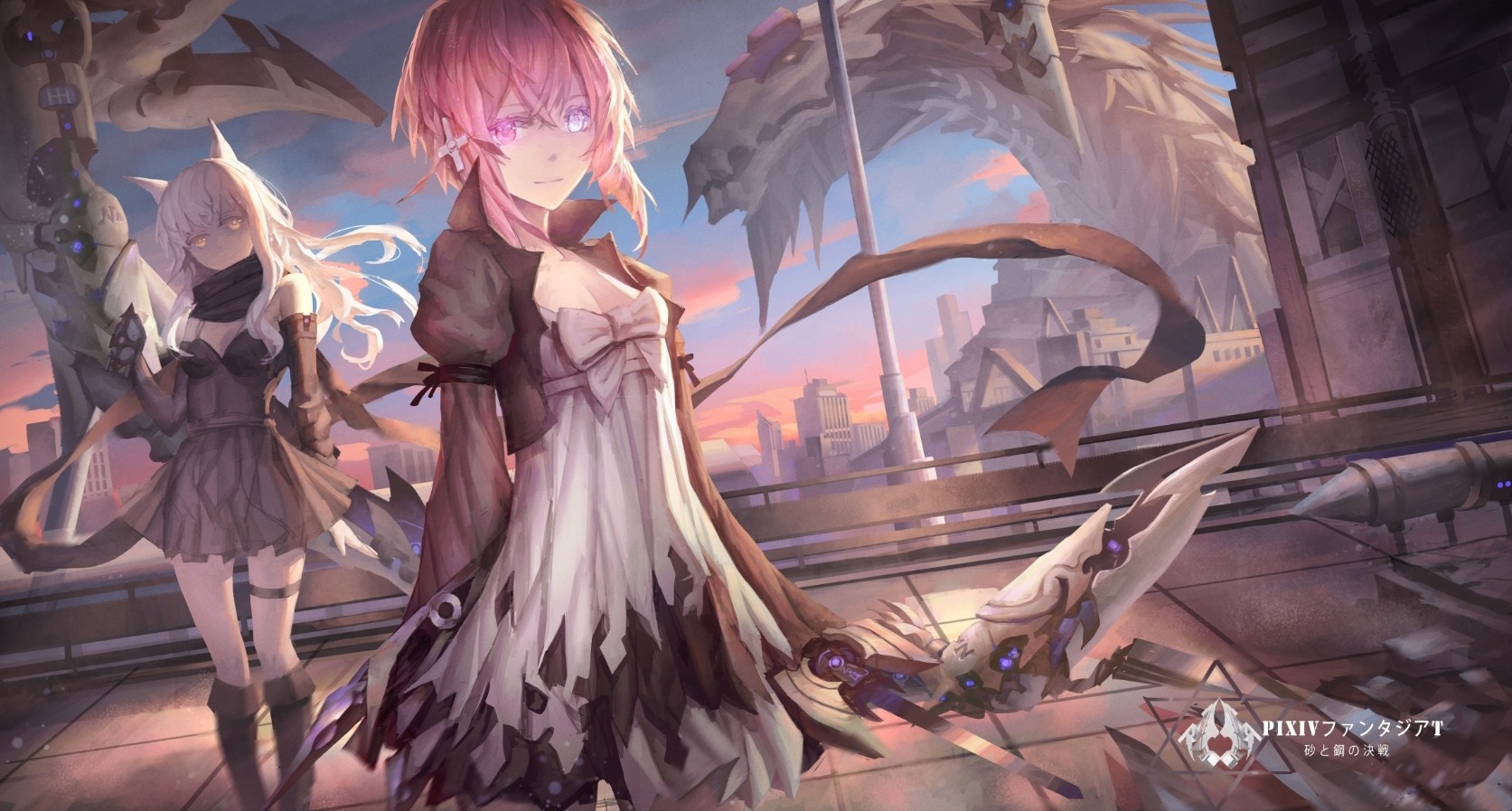 Two anime girls with a dragon in a fantasy city HD Wallpaper