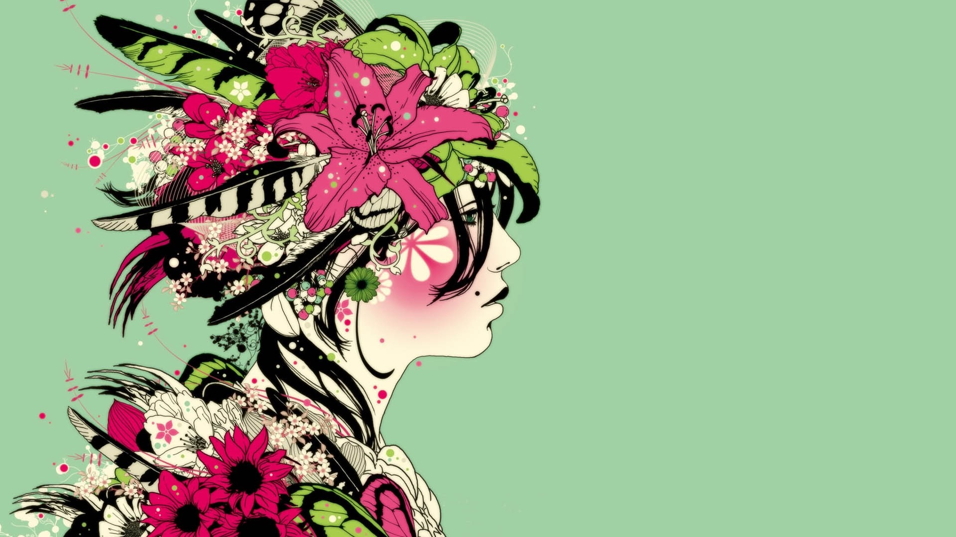 Illustration of a woman with flowers and feathers HD Wallpaper