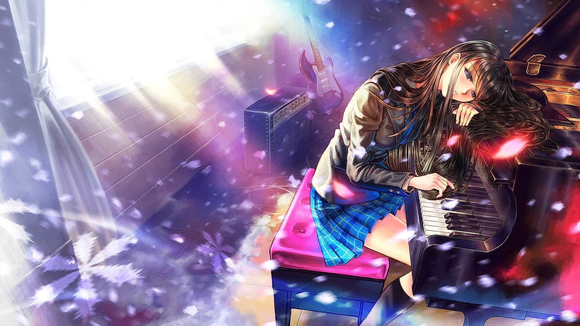 Anime girl with long hair playing piano HD Wallpaper