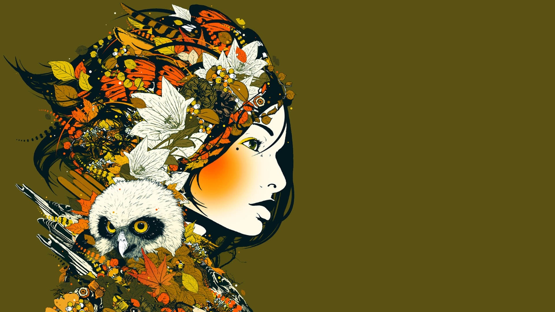 Illustration of a woman with an owl and autumn foliage HD Wallpaper