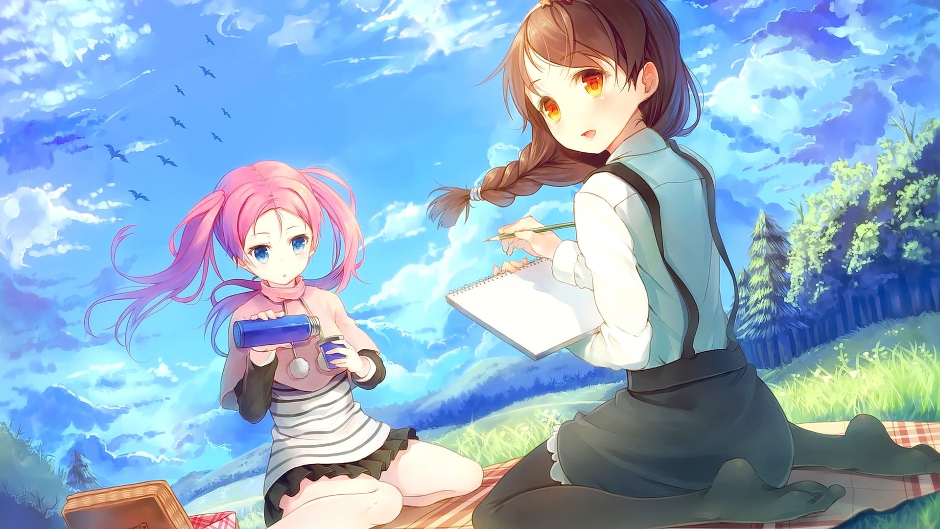 Two anime girls having a picnic under a cloudy sky HD Wallpaper