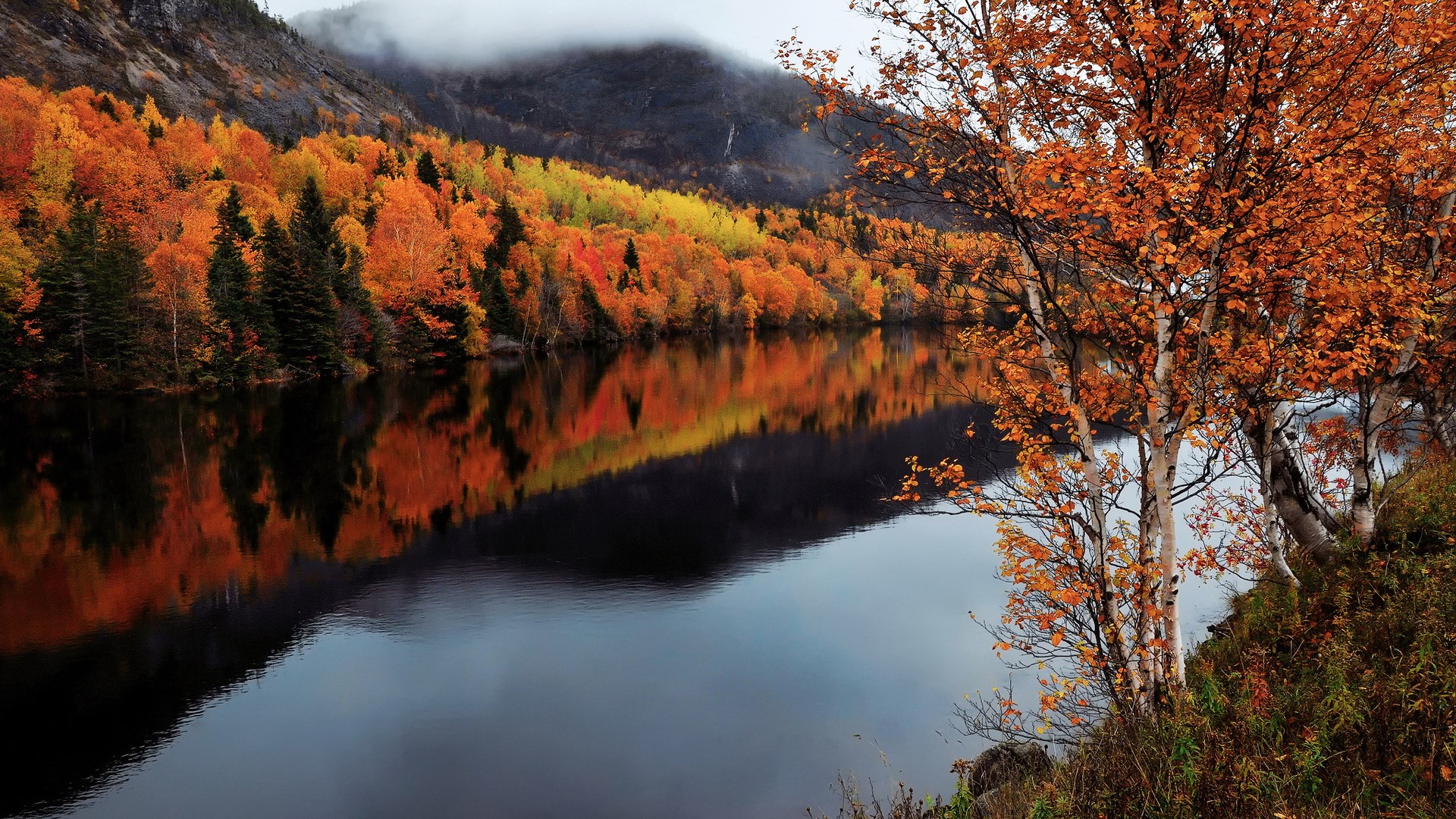 Autumn trees reflected in a calm lake with mountains HD Wallpaper
