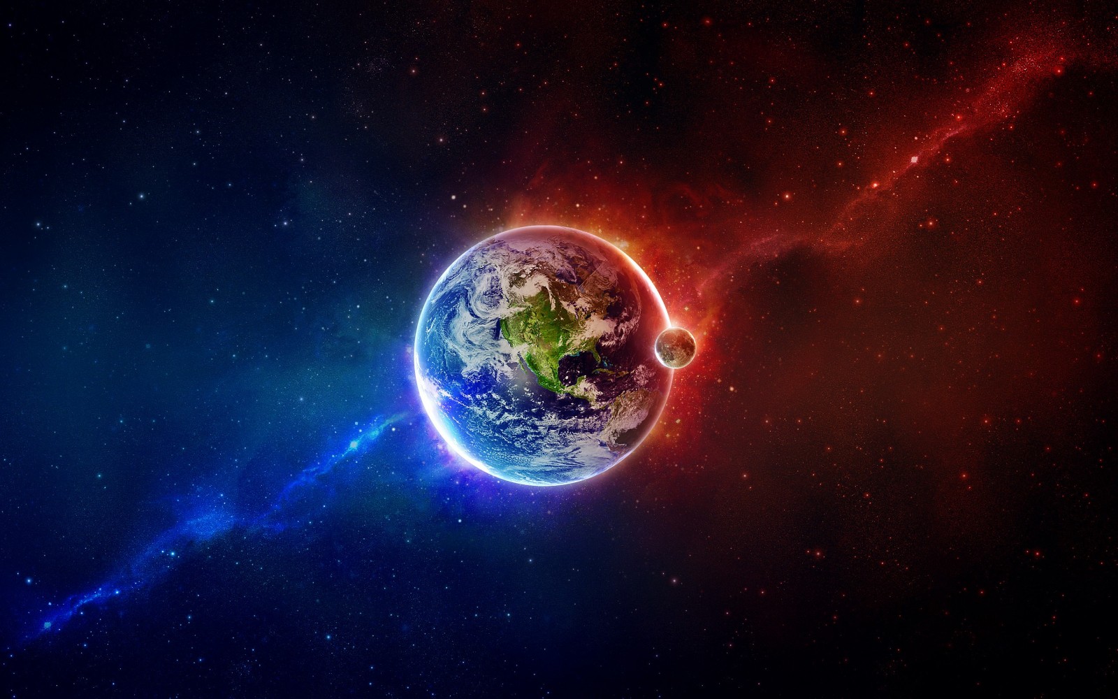 Earth and Moon in a colorful nebula HD Wallpaper