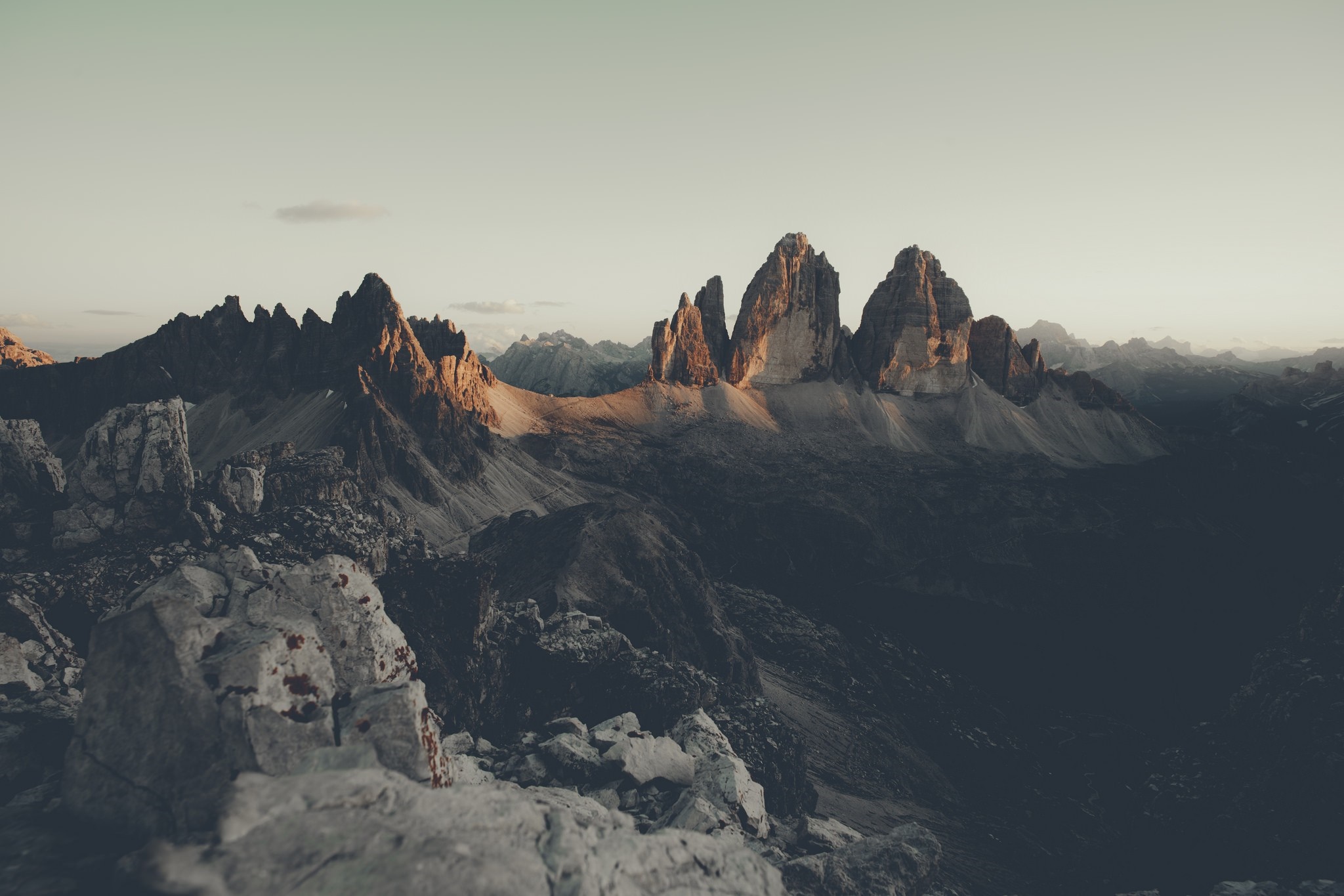 Tre Cime di Lavaredo mountains at sunrise HD Wallpaper