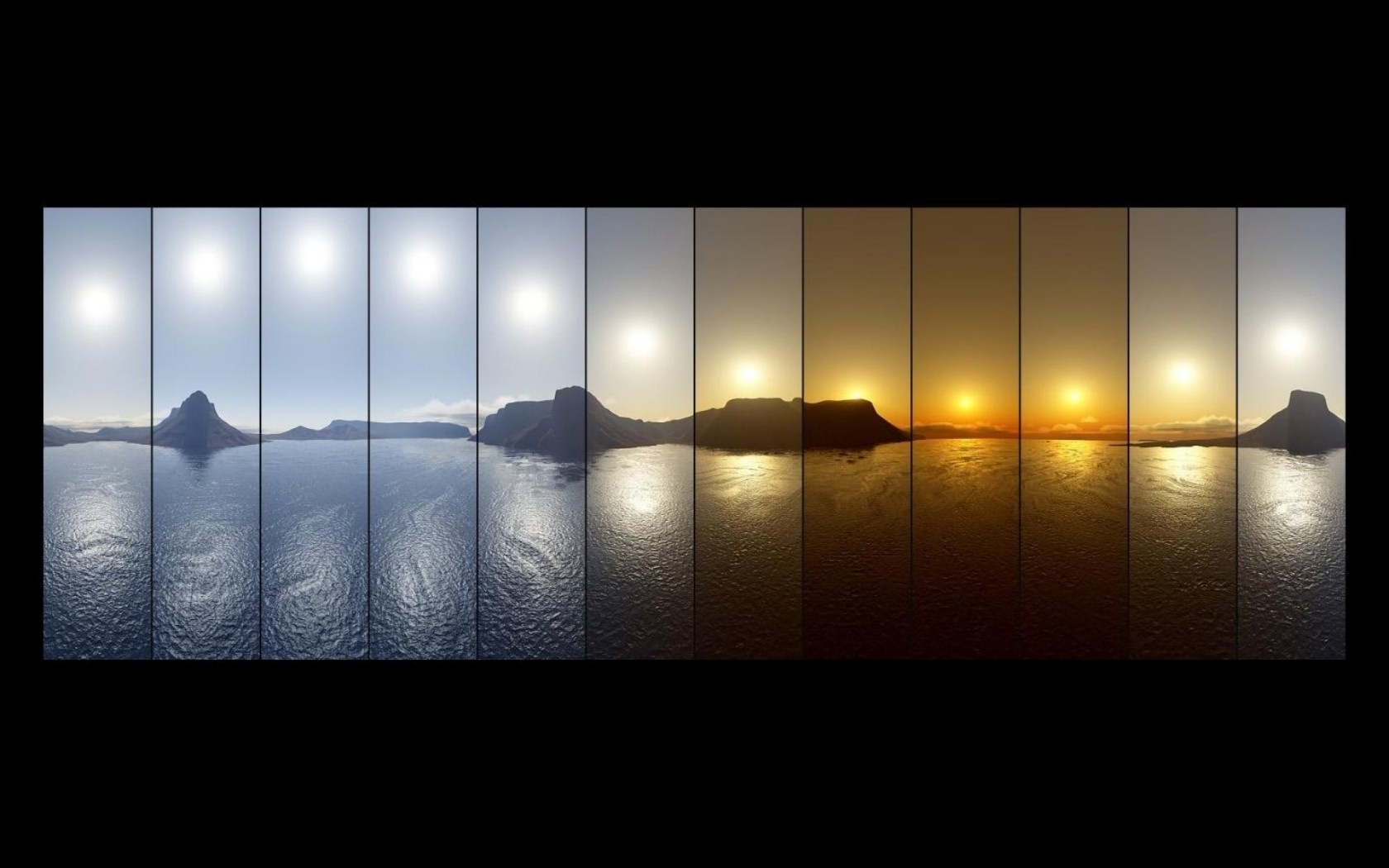 Panoramic view of a sea and mountains at different times of day HD Wallpaper
