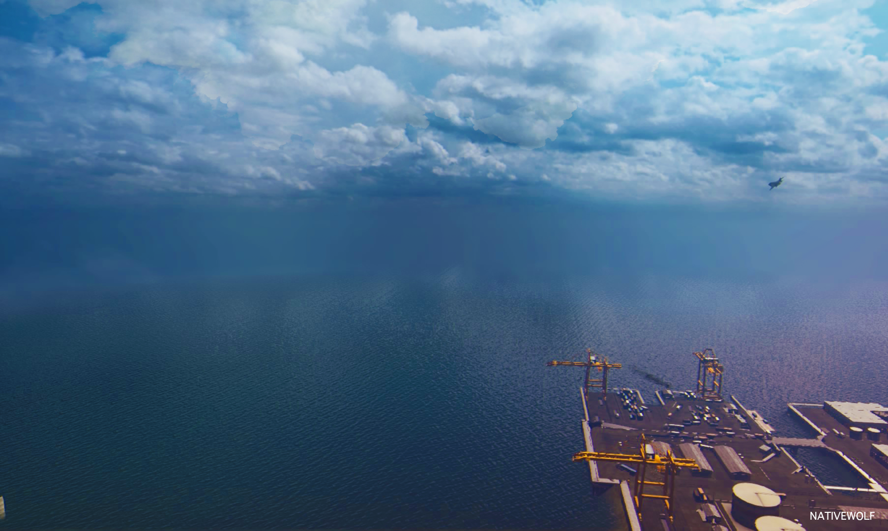 Aerial view of a port with cranes and a plane in the sky HD Wallpaper