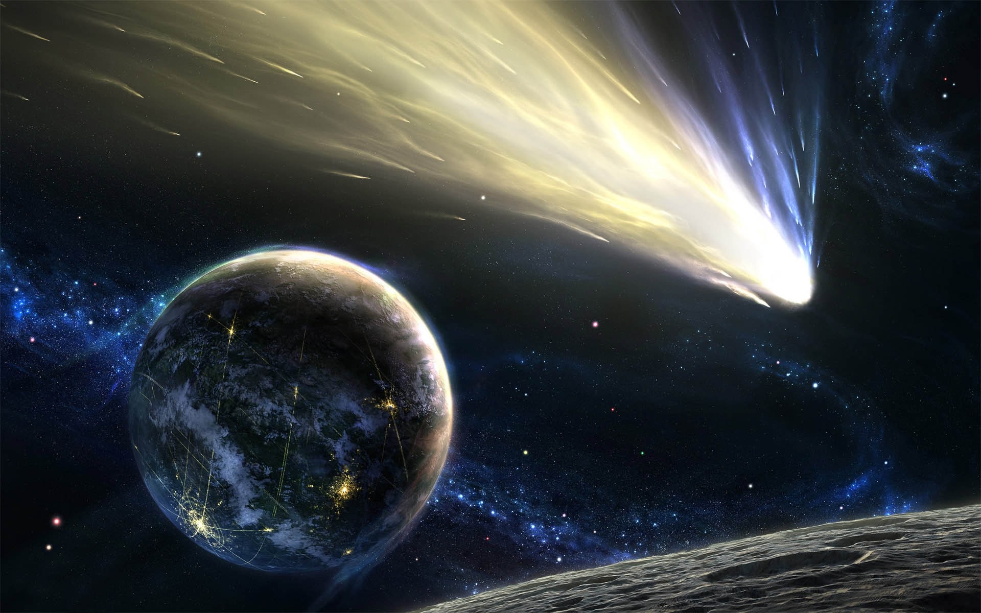 Planet and comet in outer space HD Wallpaper
