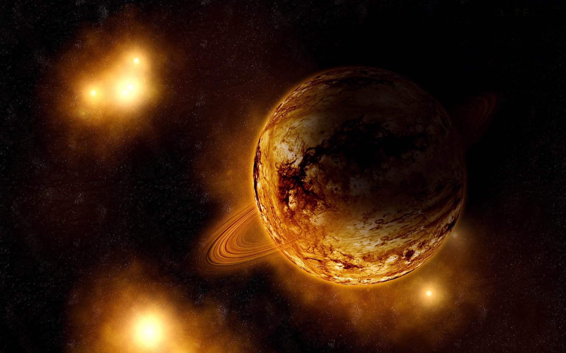 Planet with rings in outer space with nebulae HD Wallpaper