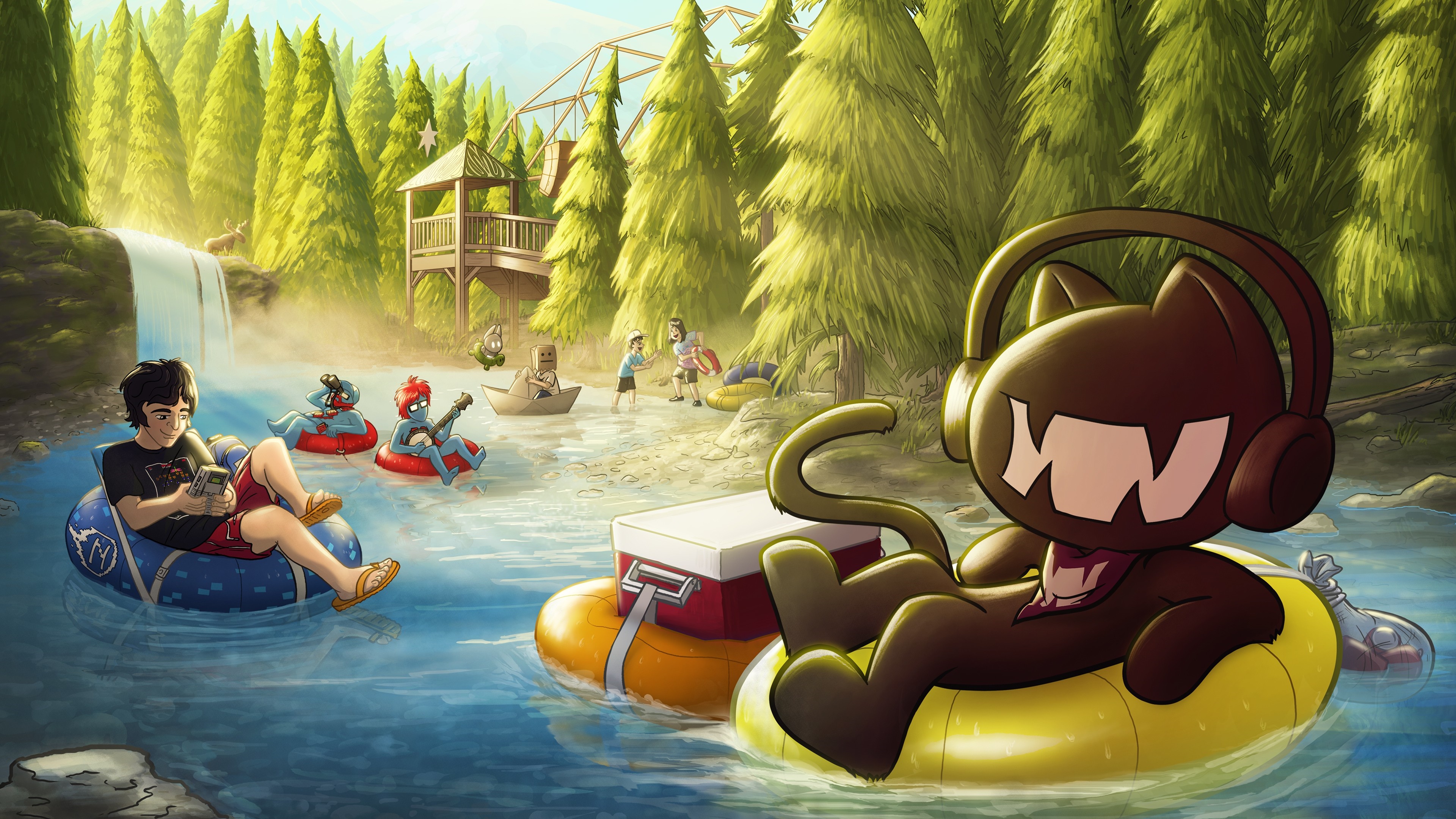 Monstercat characters tubing down a river with a waterfall HD Wallpaper