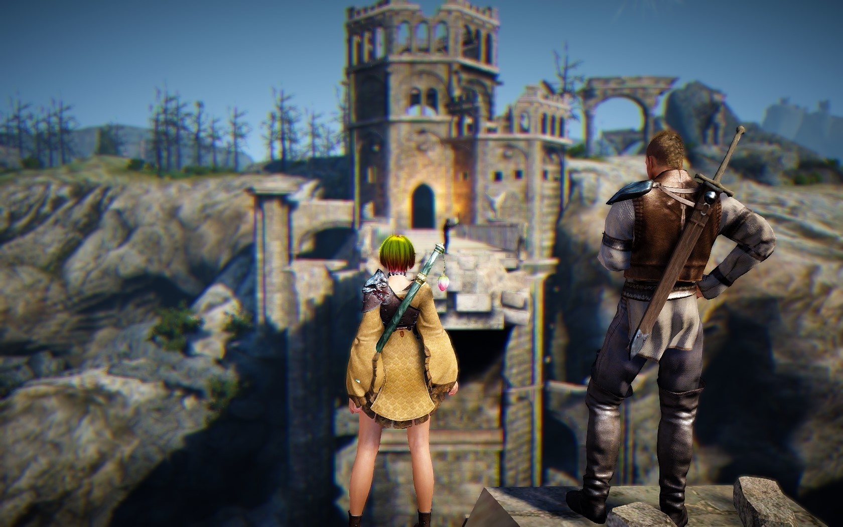 Two adventurers overlook a ruined castle in Black Desert Online HD Wallpaper