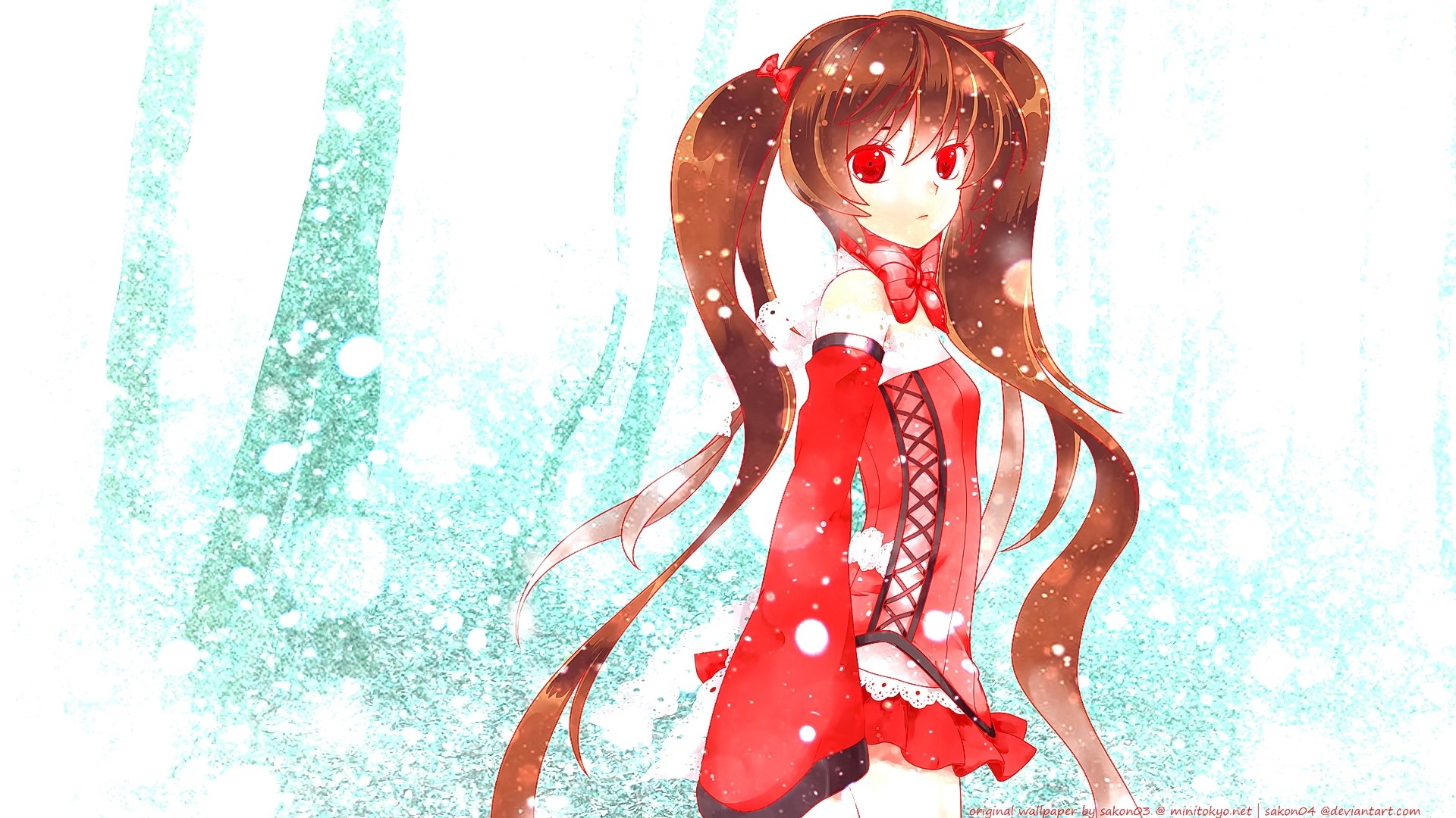Anime girl with brown pigtails and red eyes HD Wallpaper