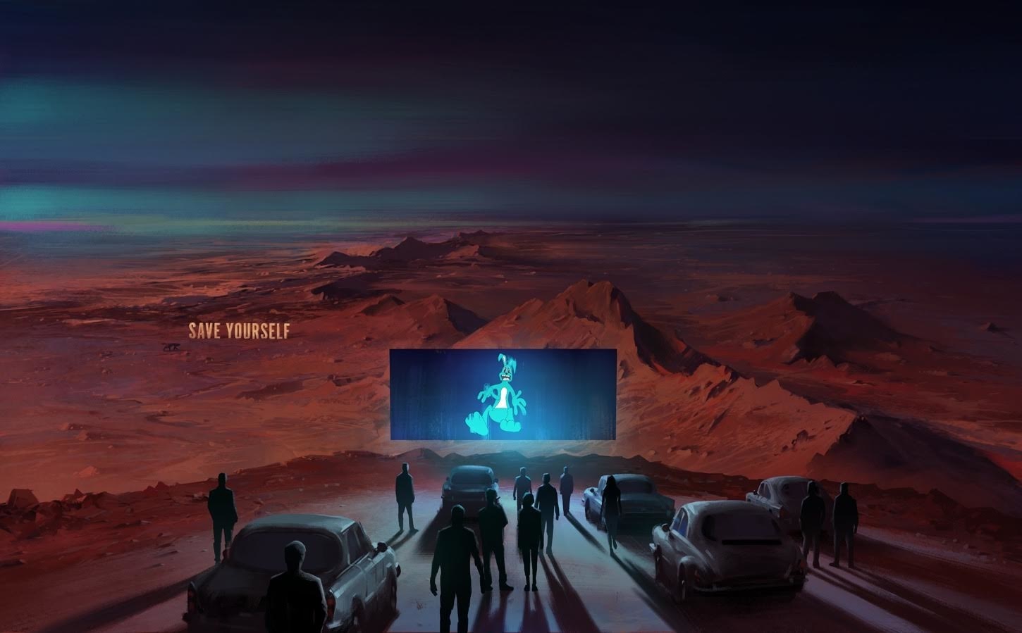 Drive-in movie theater on Mars with a cartoon character on screen HD Wallpaper