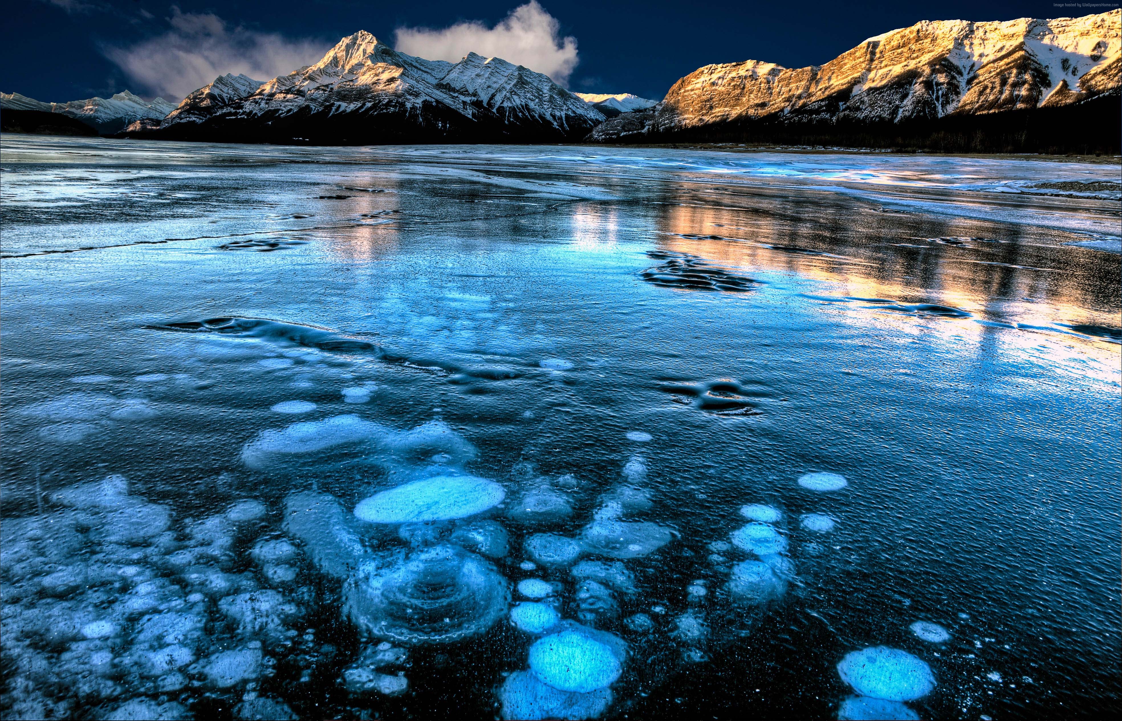 Abraham Lake Ice Bubbles and Mountains, Canada 4K HD Wallpaper