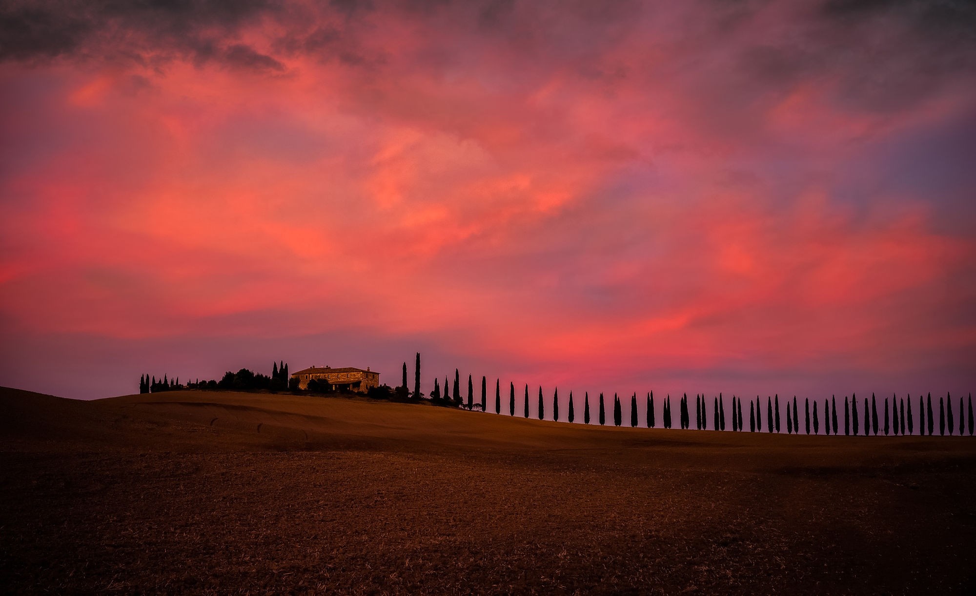 Tuscan Villa and Cypress Trees at Sunset HD Wallpaper