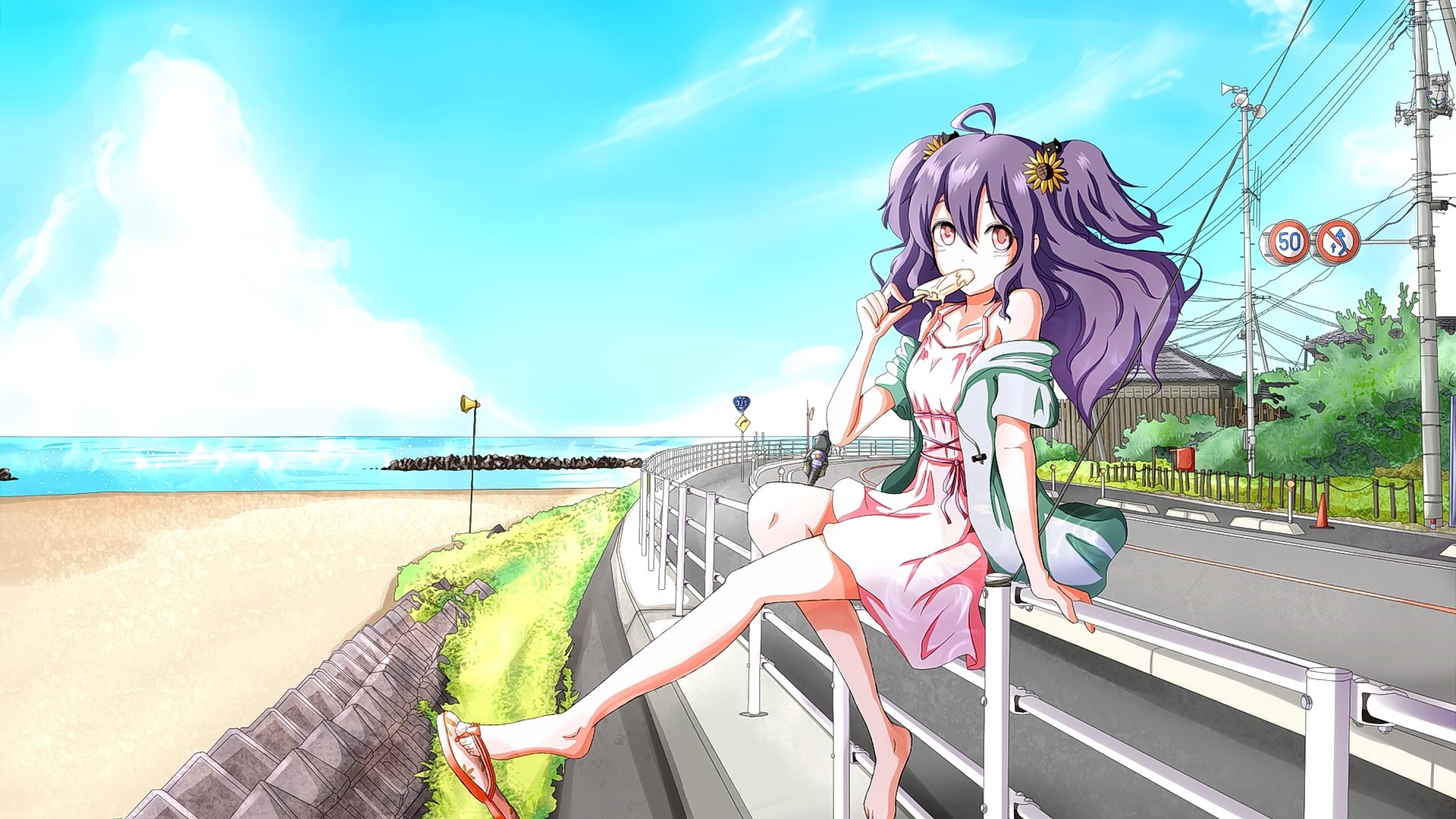 Anime girl with purple hair eating ice cream by the sea HD Wallpaper