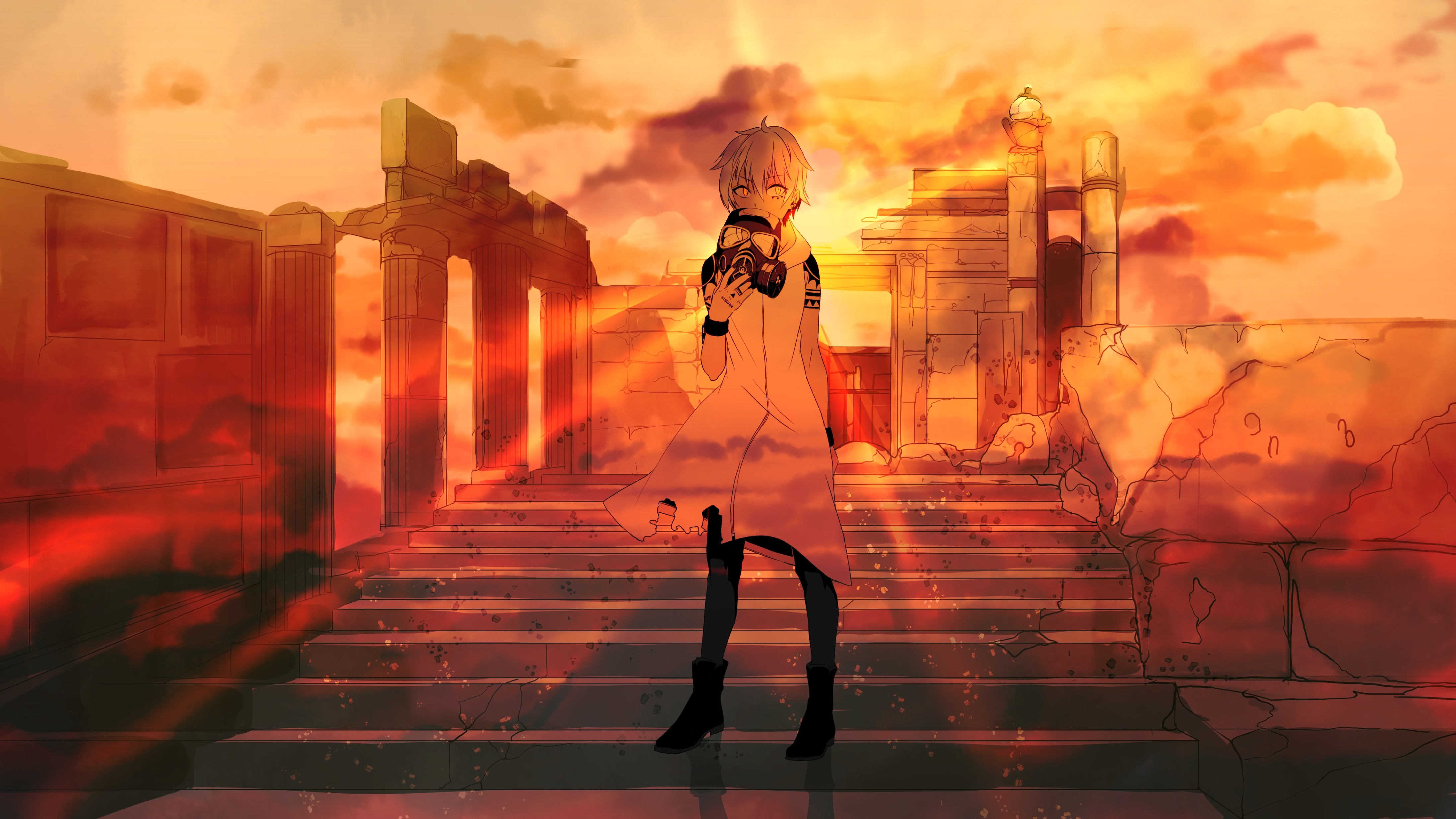 Anime character with mask in ancient ruins at sunset HD Wallpaper