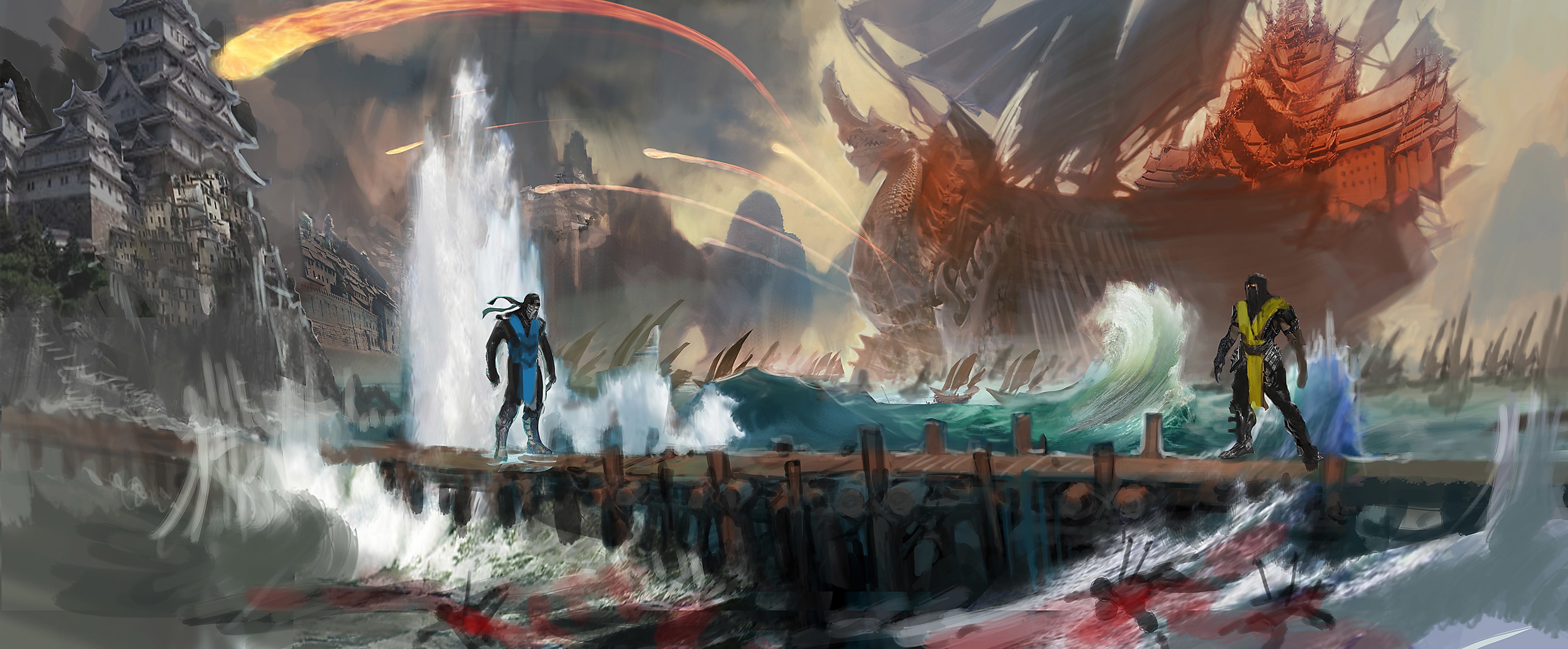Sub-Zero and Scorpion from Mortal Kombat on a pier HD Wallpaper