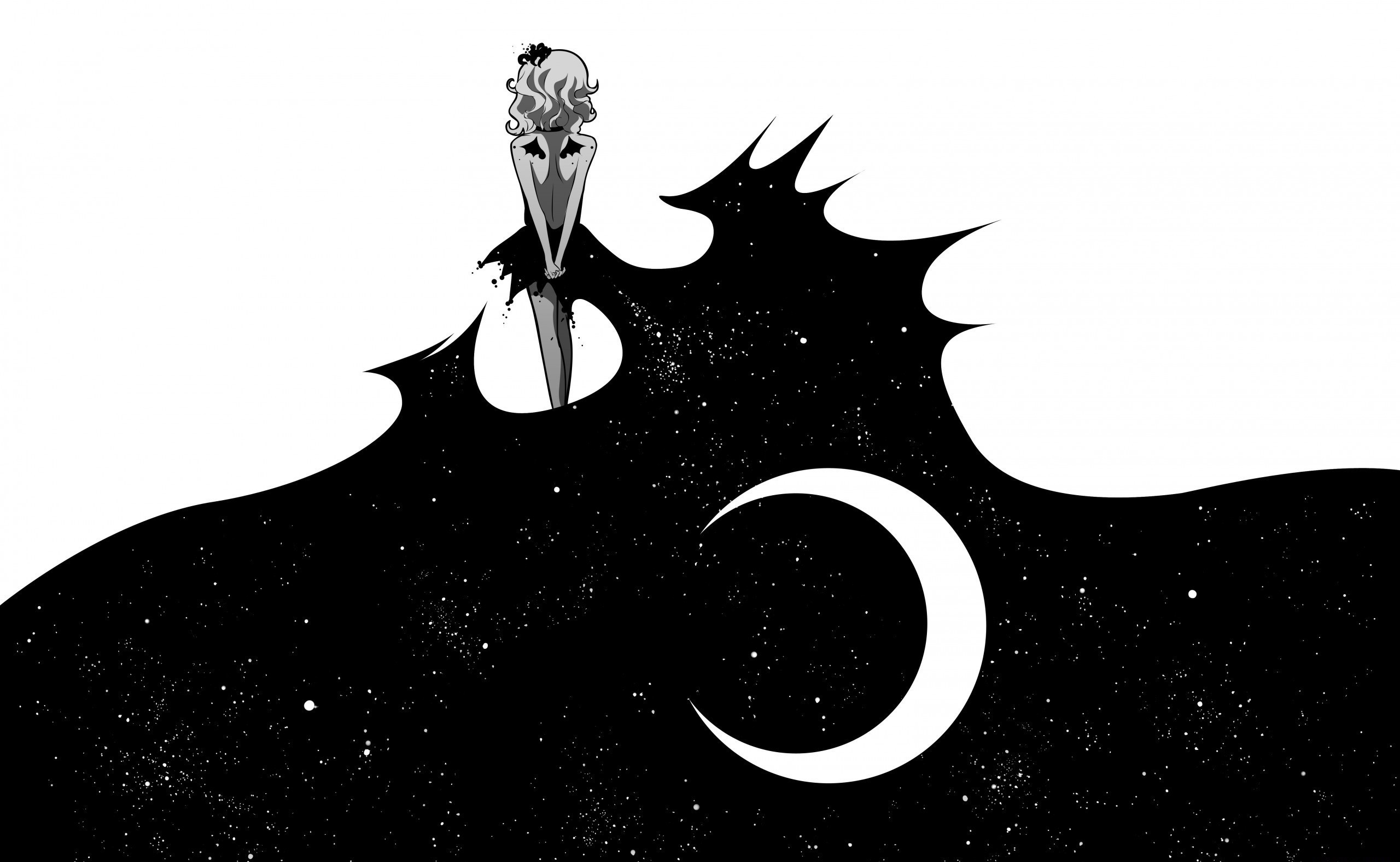 Girl in black dress with moon and stars HD Wallpaper
