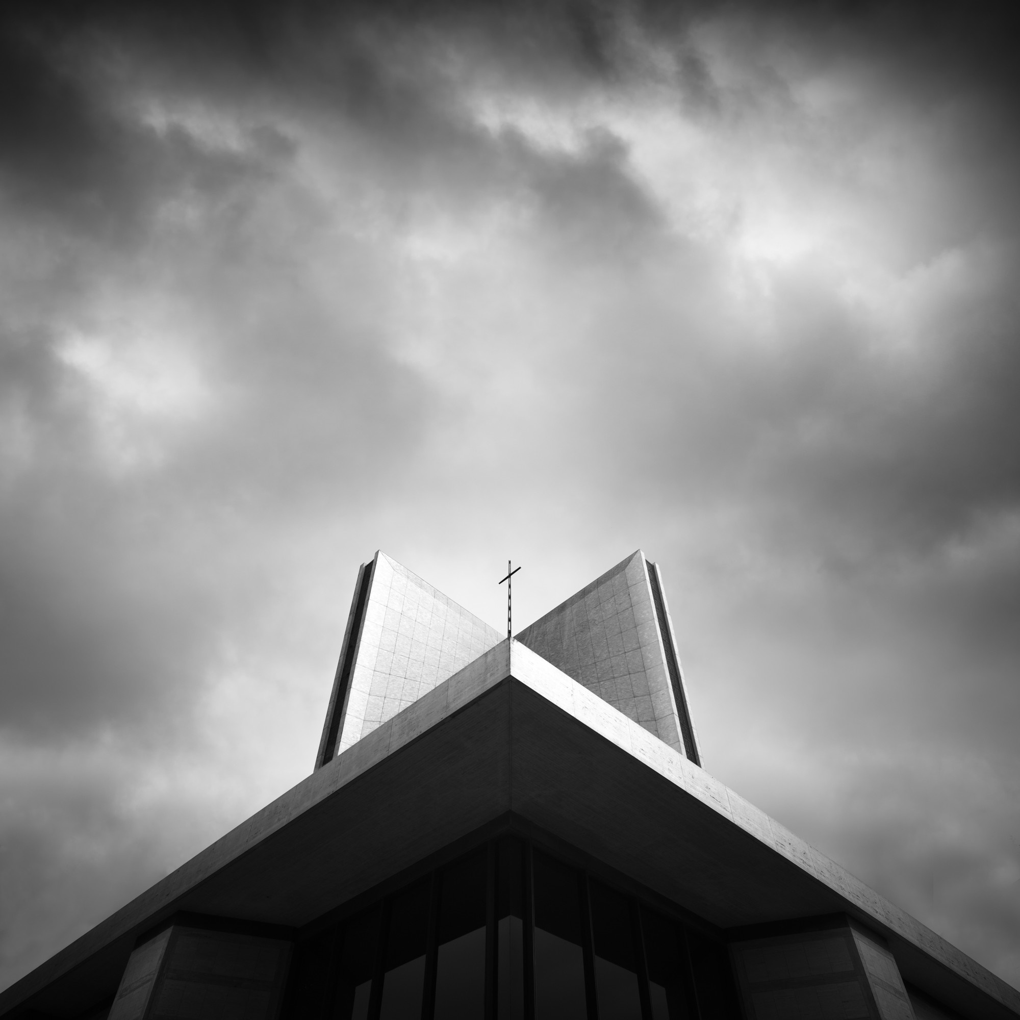 Monochrome architecture with cross against cloudy sky HD Wallpaper