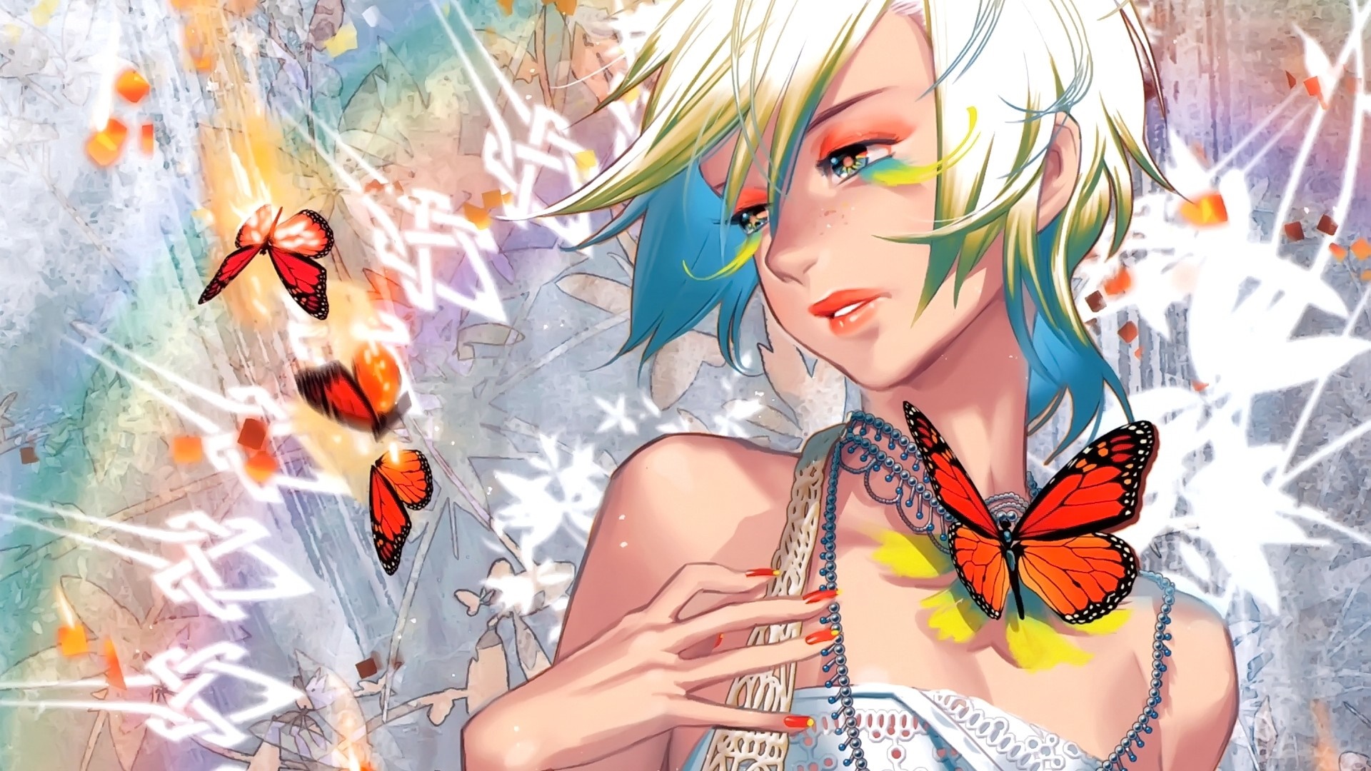 Anime girl with blonde and blue hair and butterflies HD Wallpaper