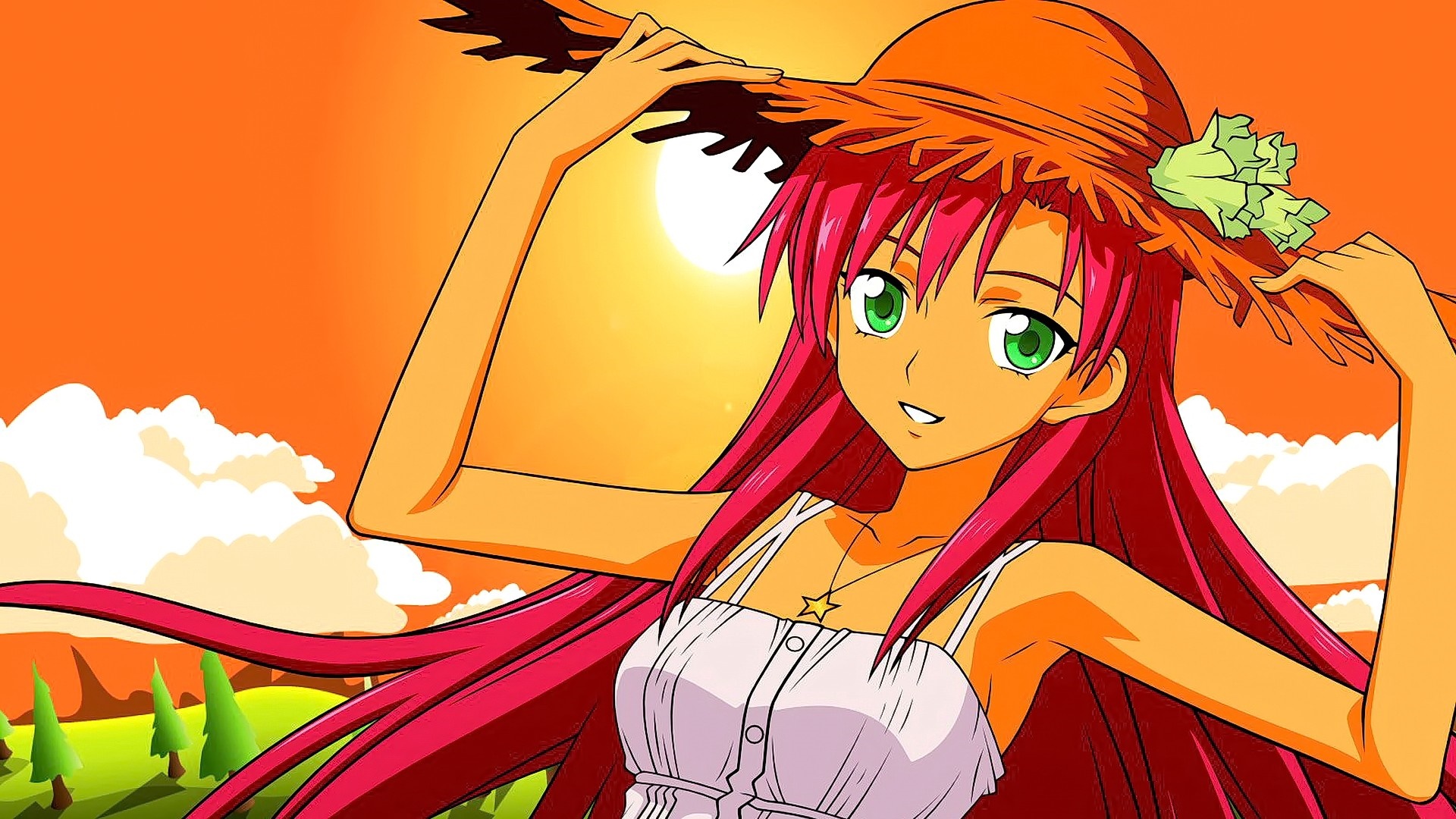 Anime girl with red hair and green eyes wearing a straw hat HD Wallpaper