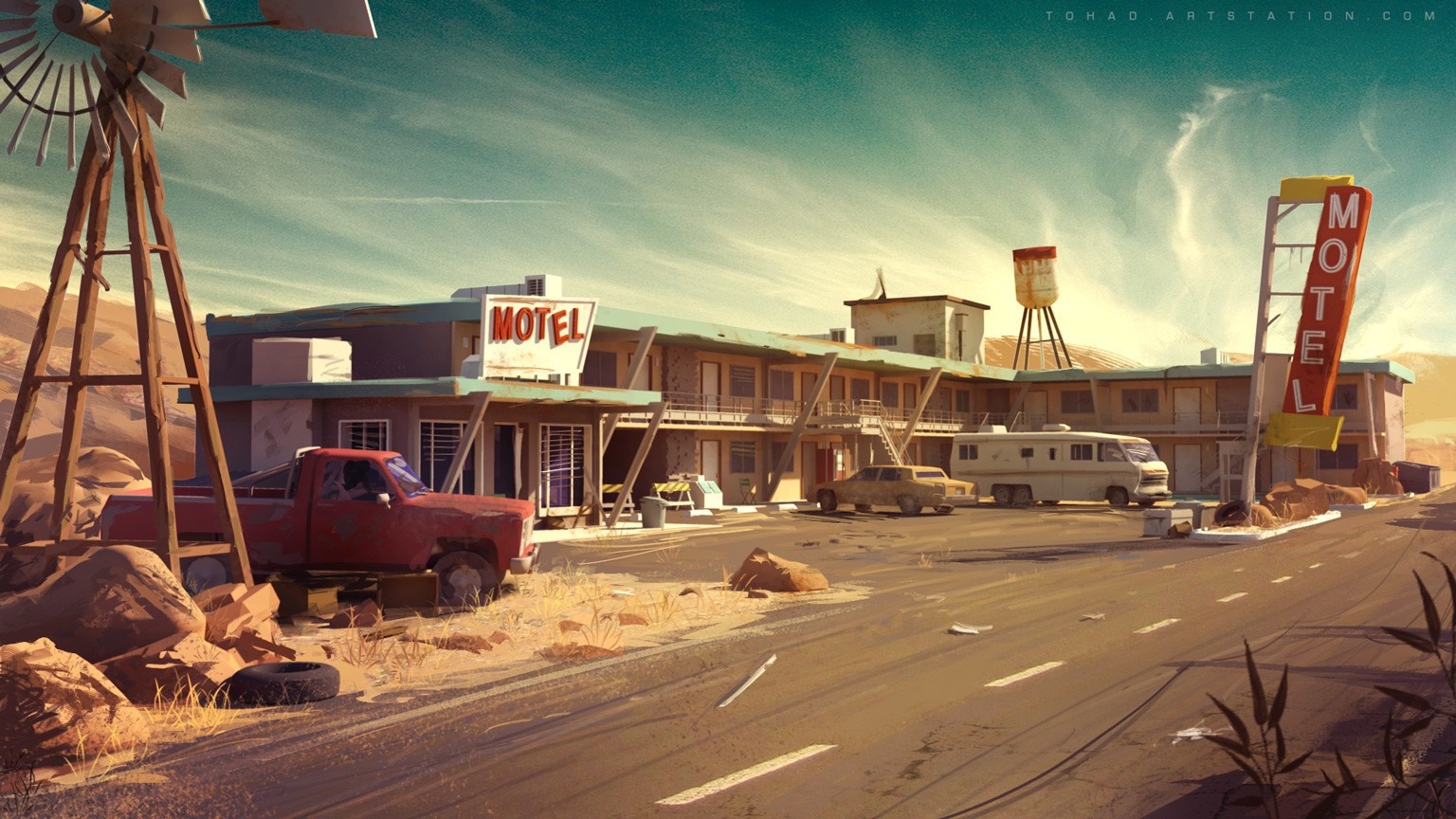 Desert motel with vintage vehicles and windmill HD Wallpaper