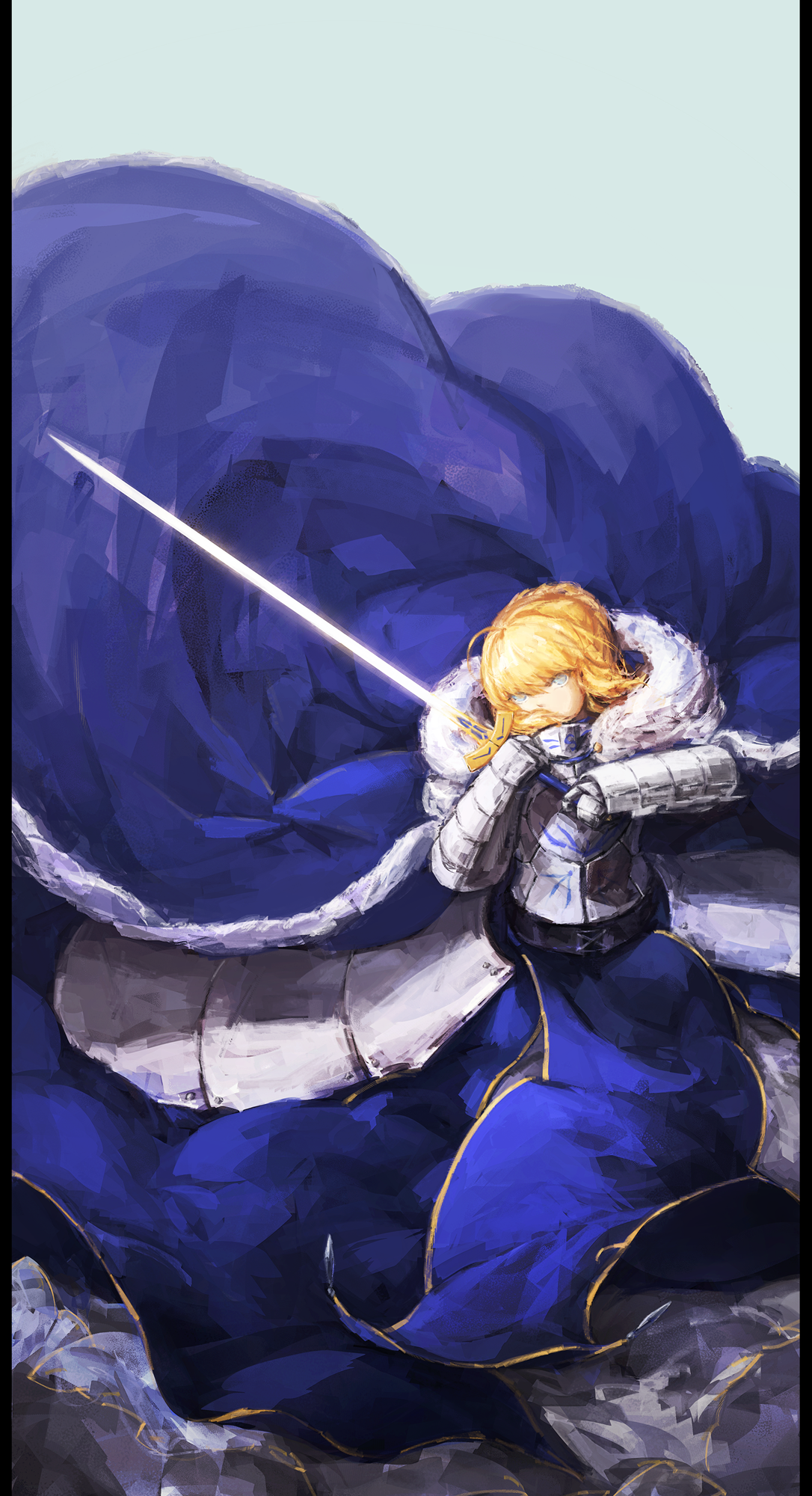 Saber from Fate Series with blue cloak and sword HD Wallpaper