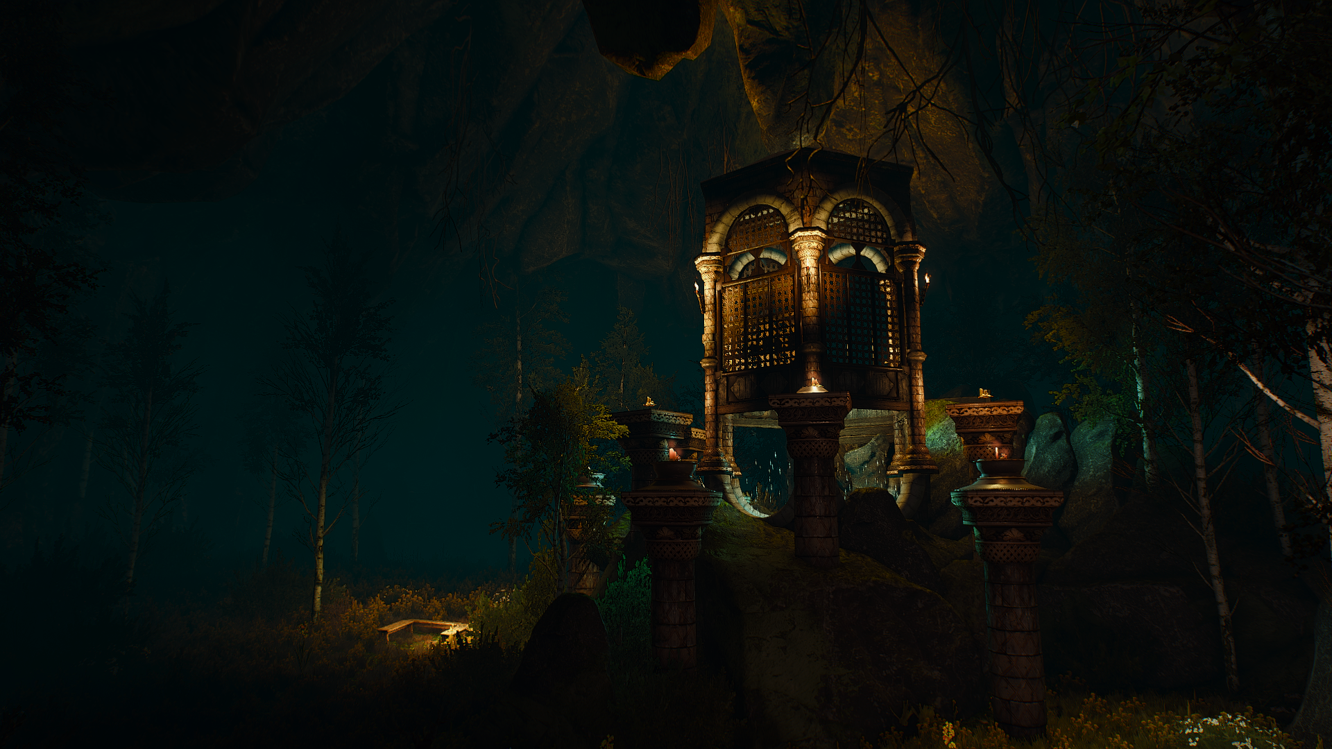 The Witcher 3 Wild Hunt screenshot of a dark cave with ancient structure HD Wallpaper