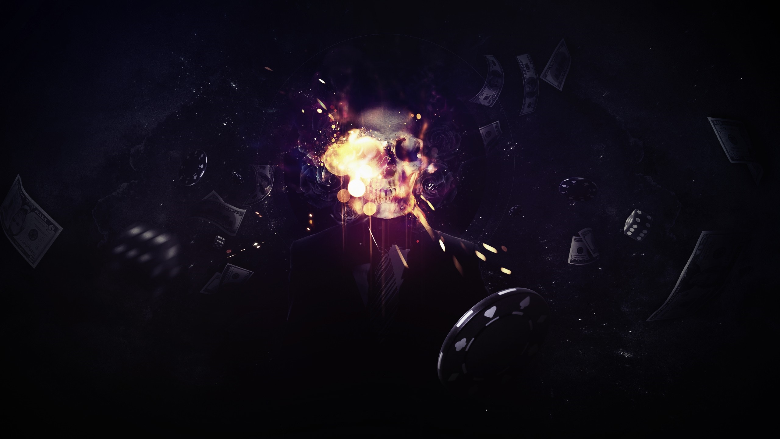 Skull with exploding head, money, dice, and poker chips HD Wallpaper