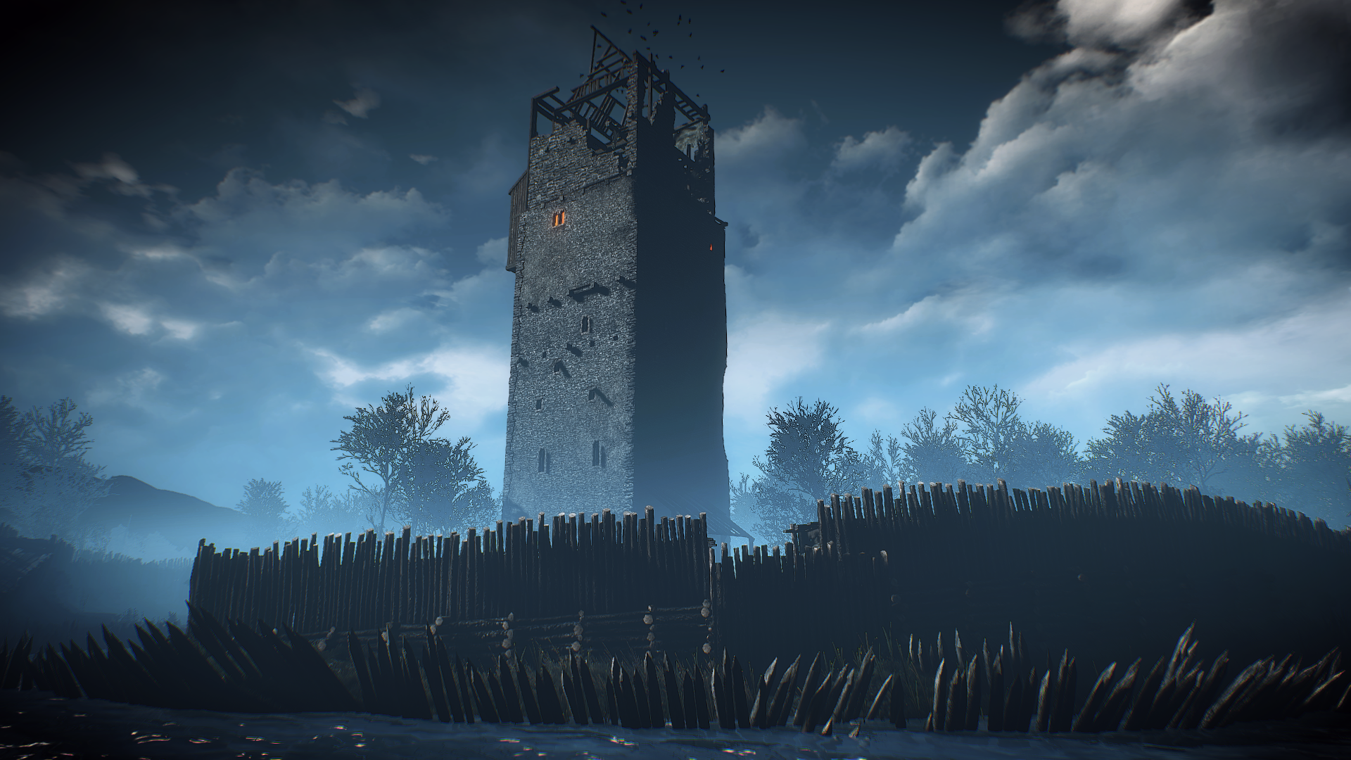 Ruined tower in a dark, foggy landscape from The Witcher 3 Wild Hunt HD Wallpaper
