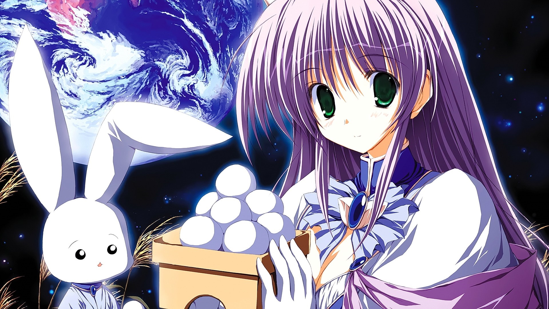 Anime girl with purple hair and rabbit holding mochi HD Wallpaper