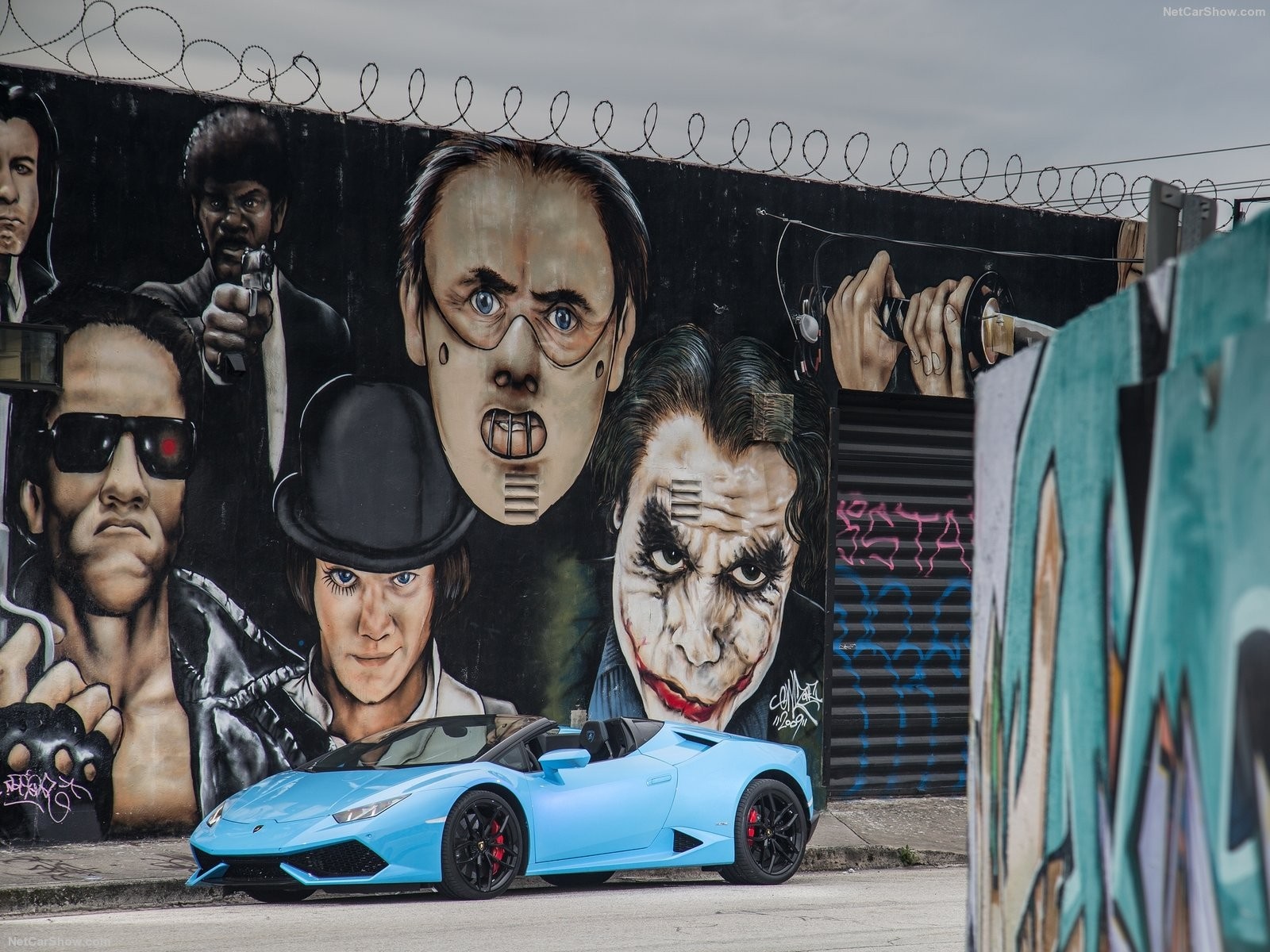 Blue Lamborghini Huracan Spyder with Movie Character Graffiti HD Wallpaper