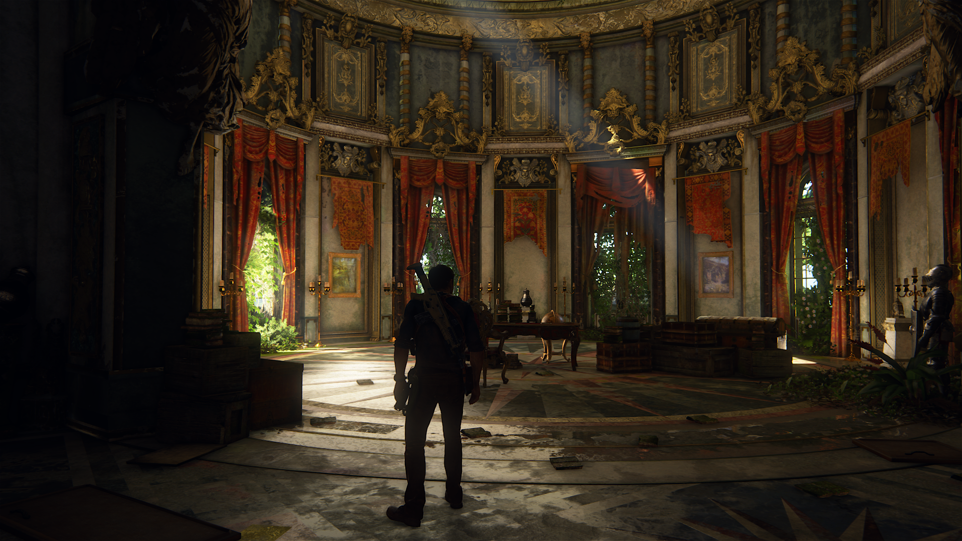 Nathan Drake in a ruined palace interior from Uncharted 4: A Thief's End HD Wallpaper