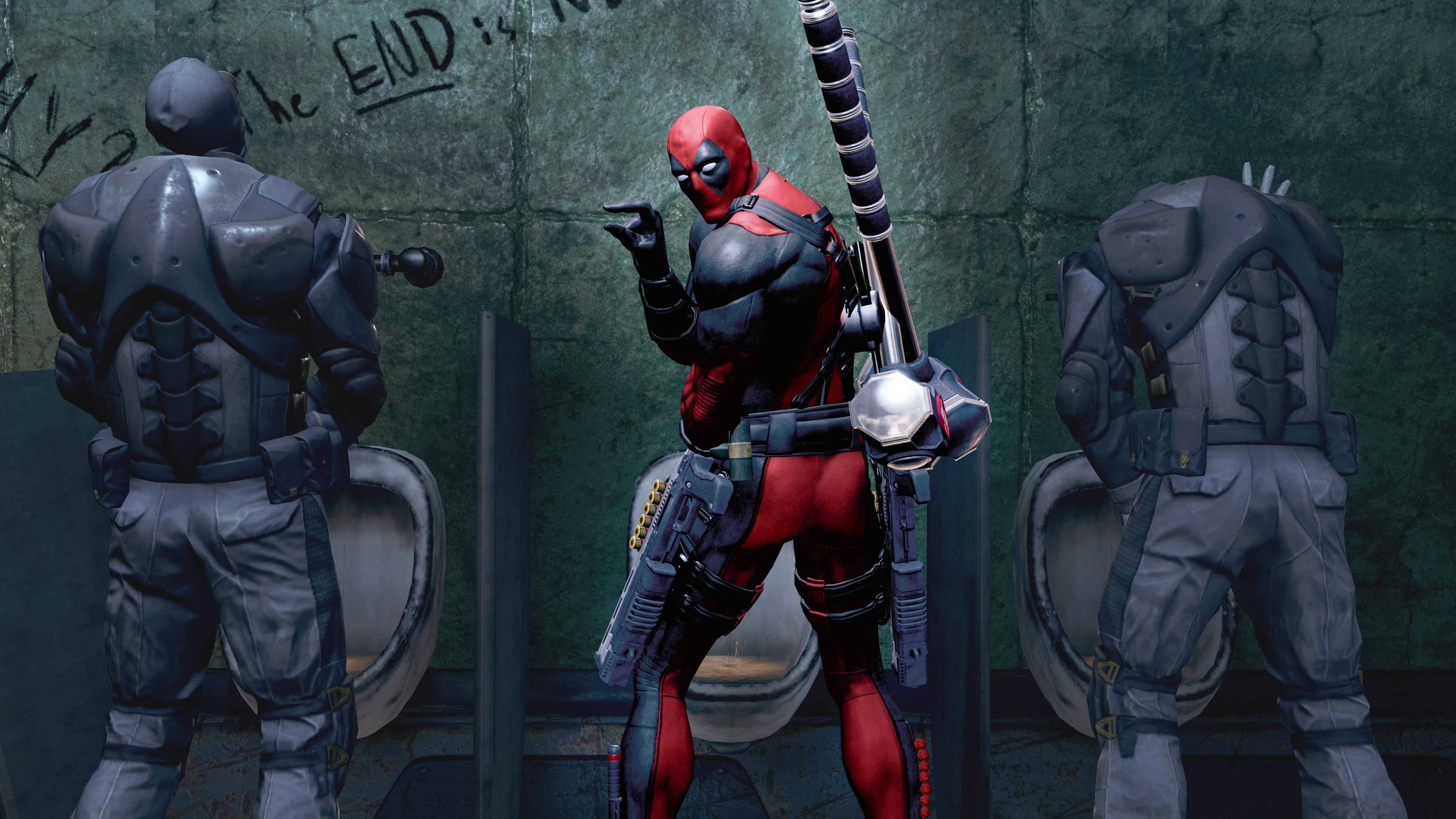 Deadpool in a bathroom with two soldiers HD Wallpaper