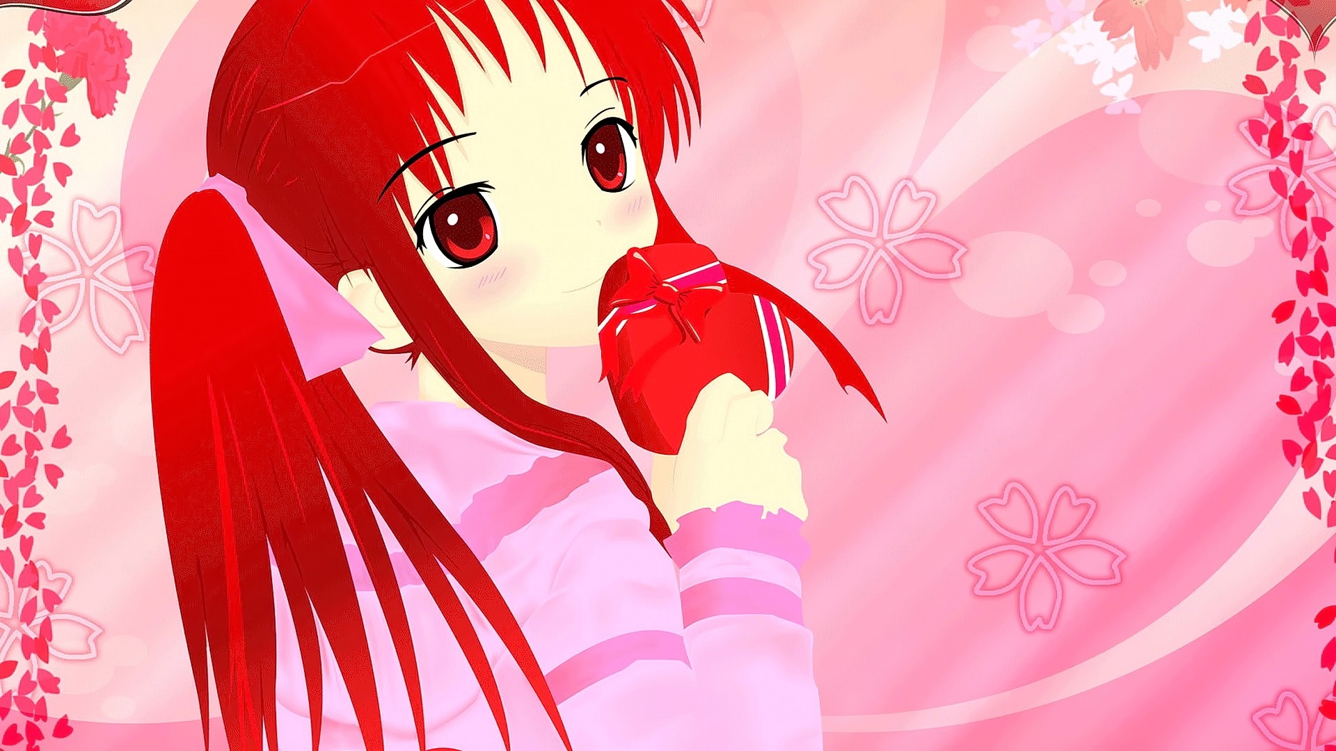 Anime girl with red hair holding a heart-shaped gift HD Wallpaper