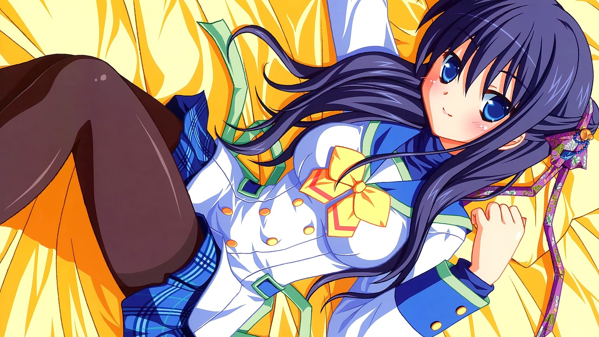 Anime girl with long dark hair and blue eyes HD Wallpaper
