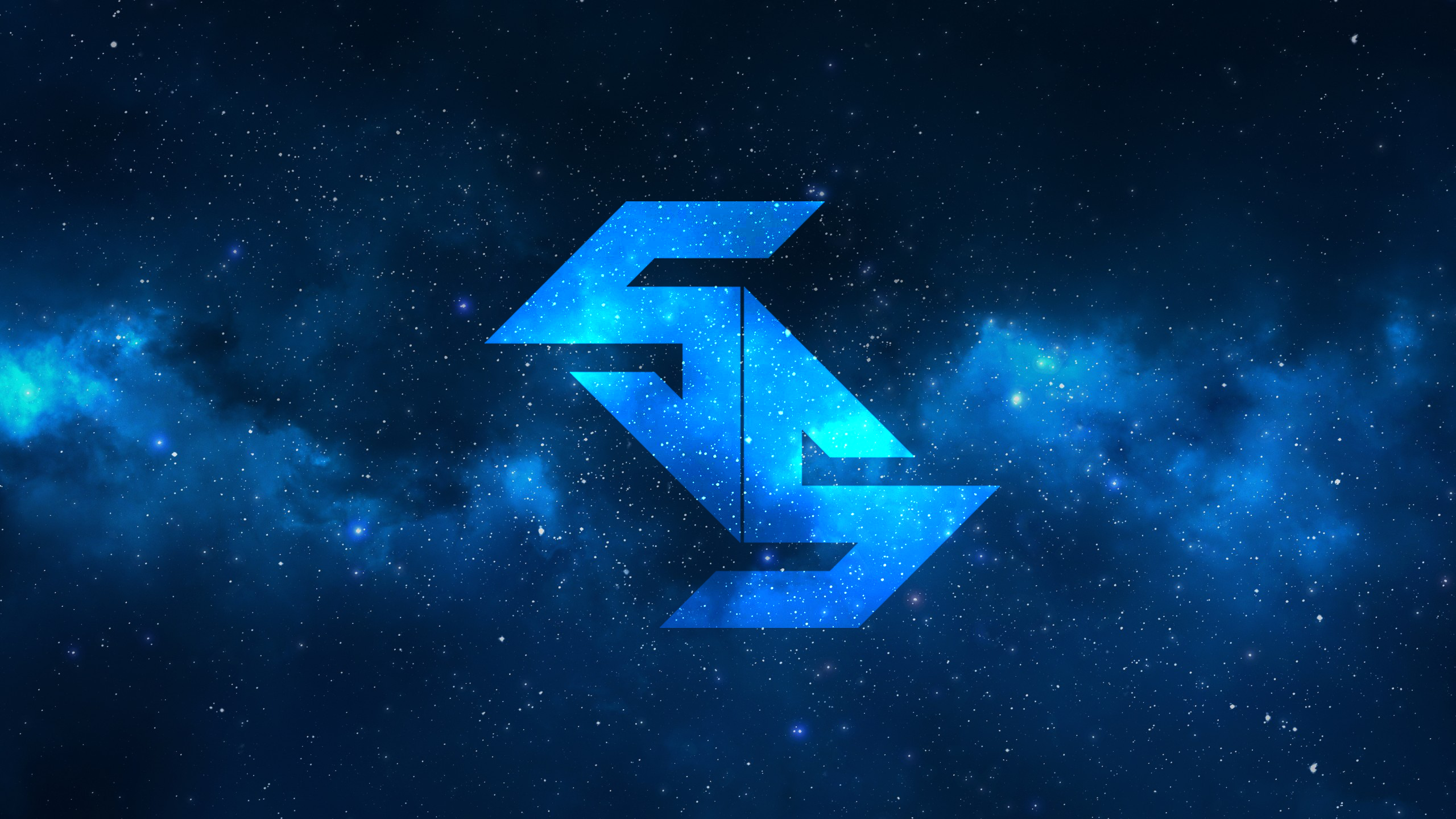 Blue galaxy nebula with a stylized logo HD Wallpaper