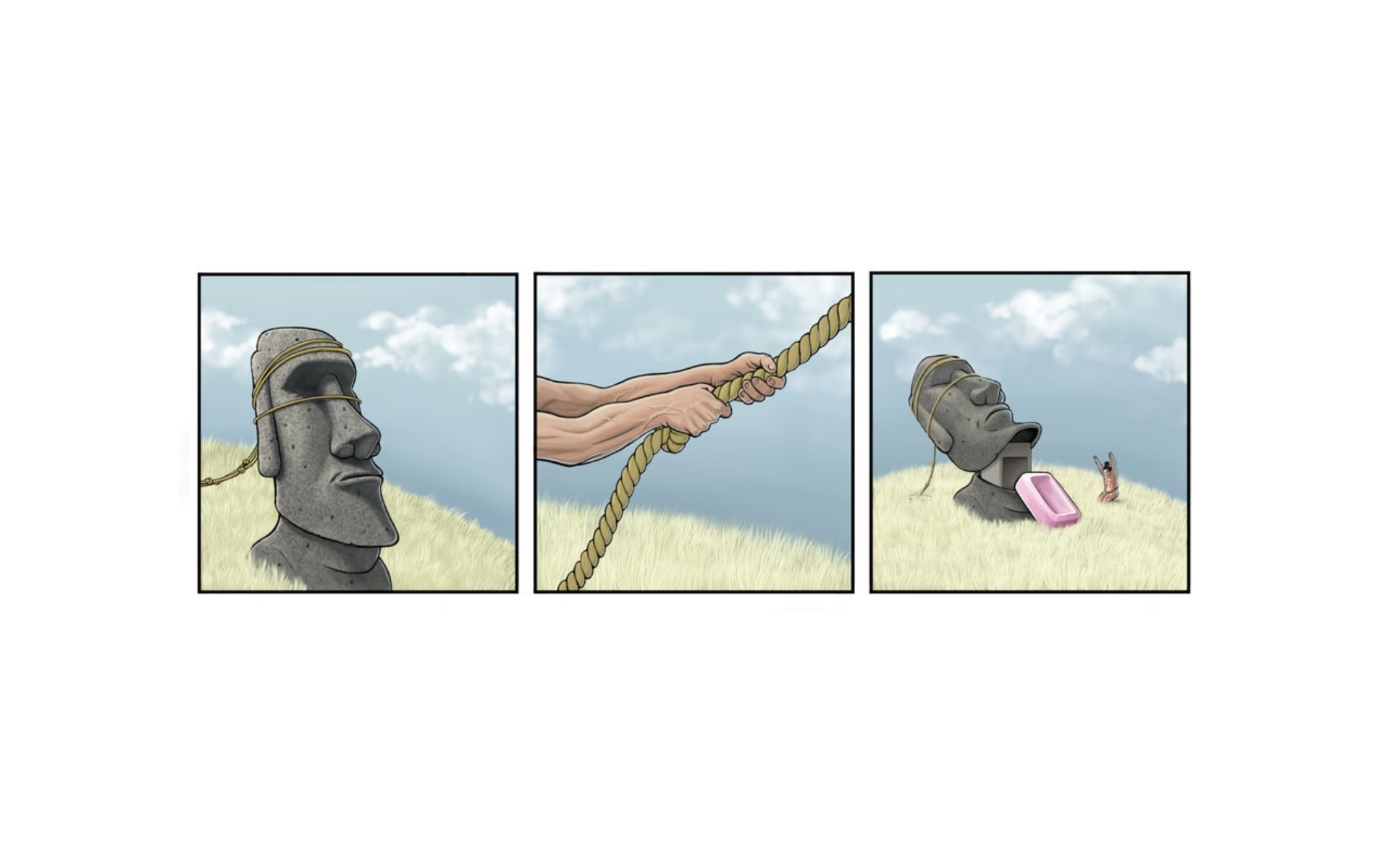 Moai statue being pulled over with a rope HD Wallpaper