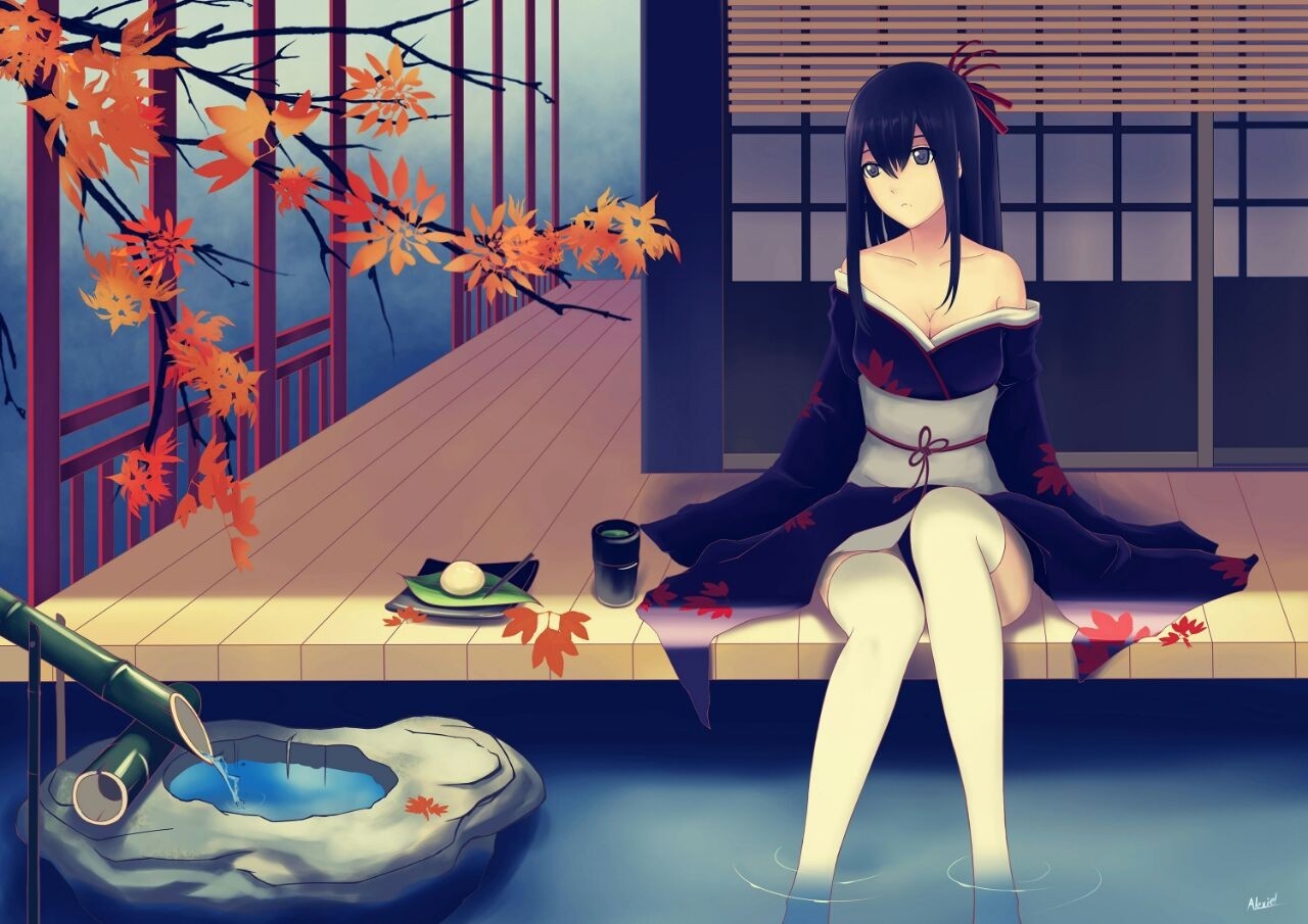 Anime girl in kimono by a pond with autumn leaves HD Wallpaper
