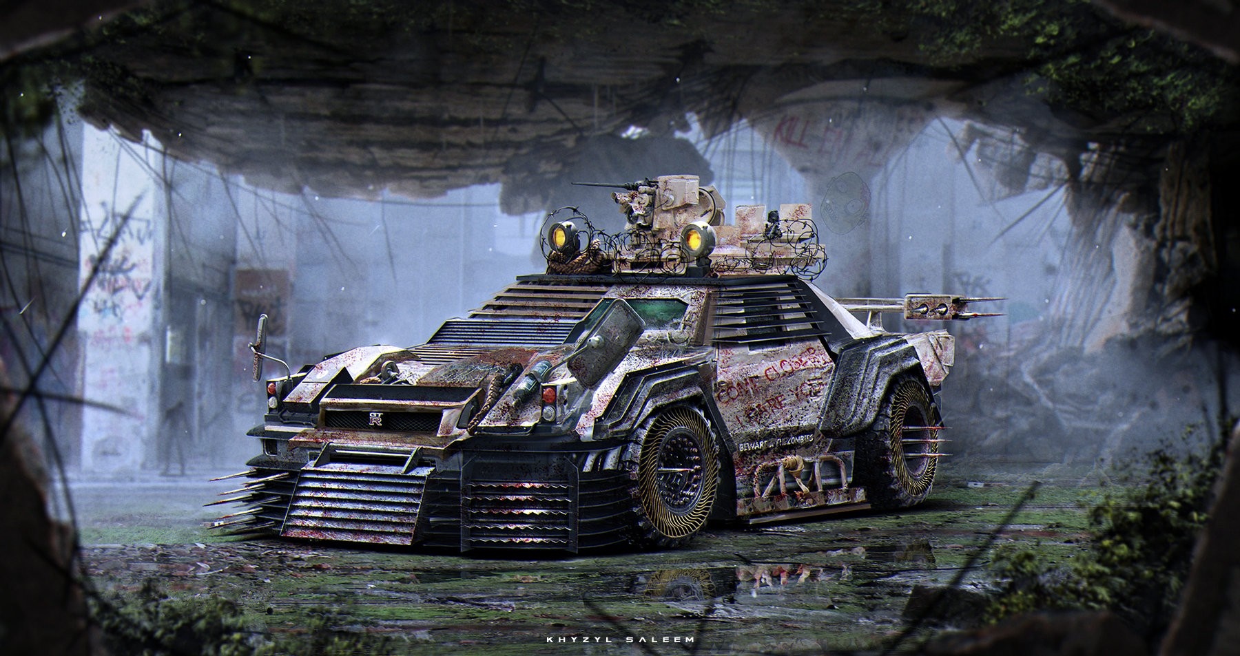Post-apocalyptic Nissan Skyline GT-R R35 artwork HD Wallpaper